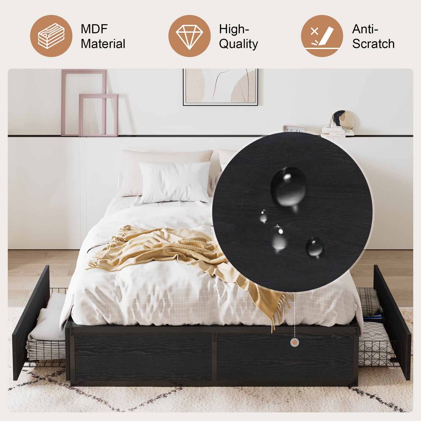 Amolife Platform Bed Frame with 2 Lockable Storage Drawers and Metal Slats