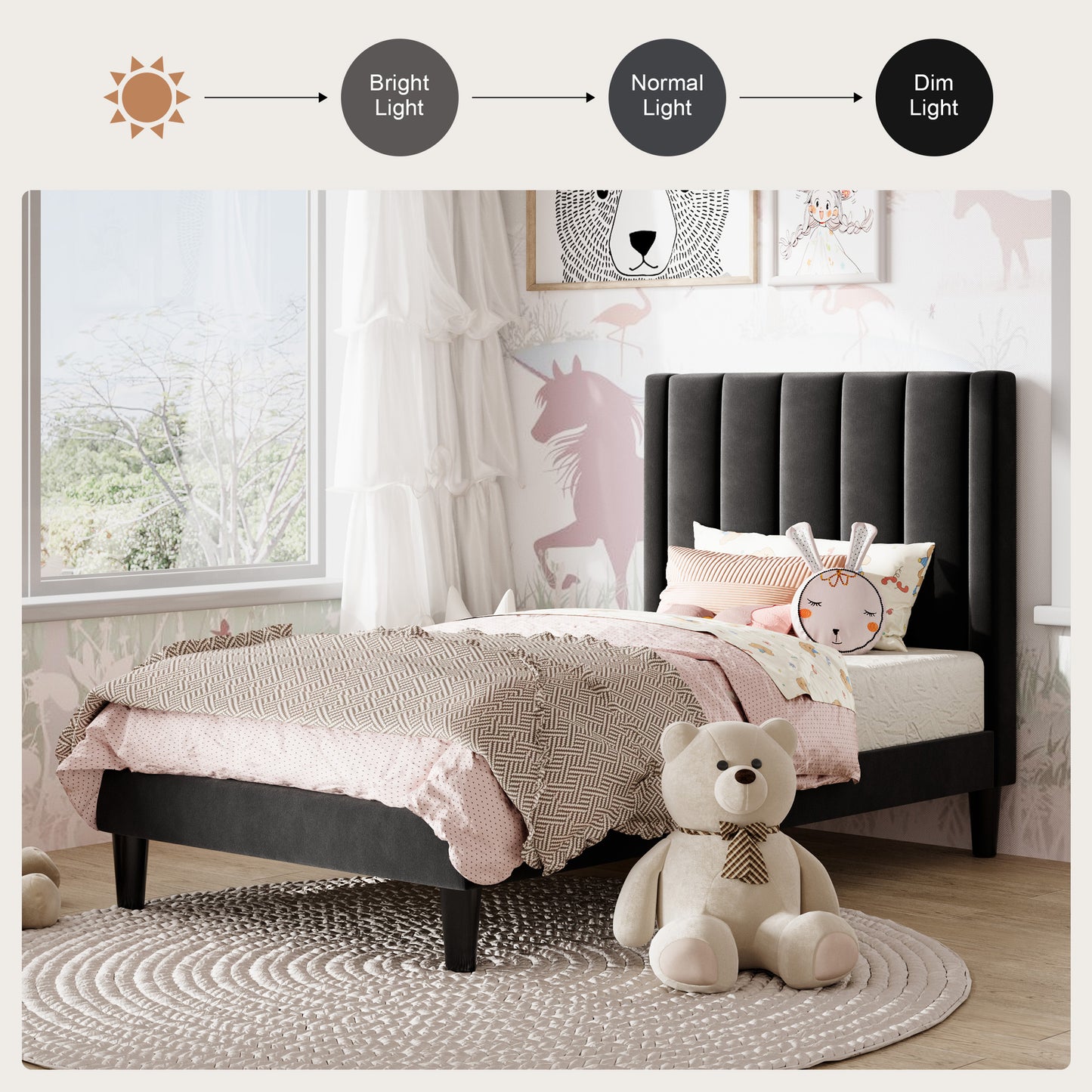 Amolife Twin Size Bed Frame with Velvet Channel Headboard