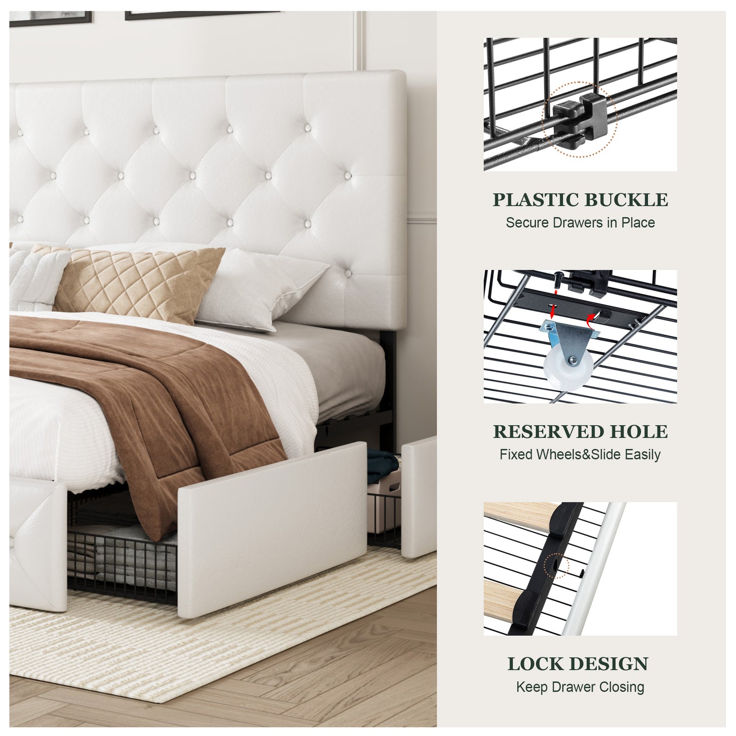 Amolife Faux Leather Platform Bed Frame with 4 Storage Drawers, Button Tufted Style Hedboard