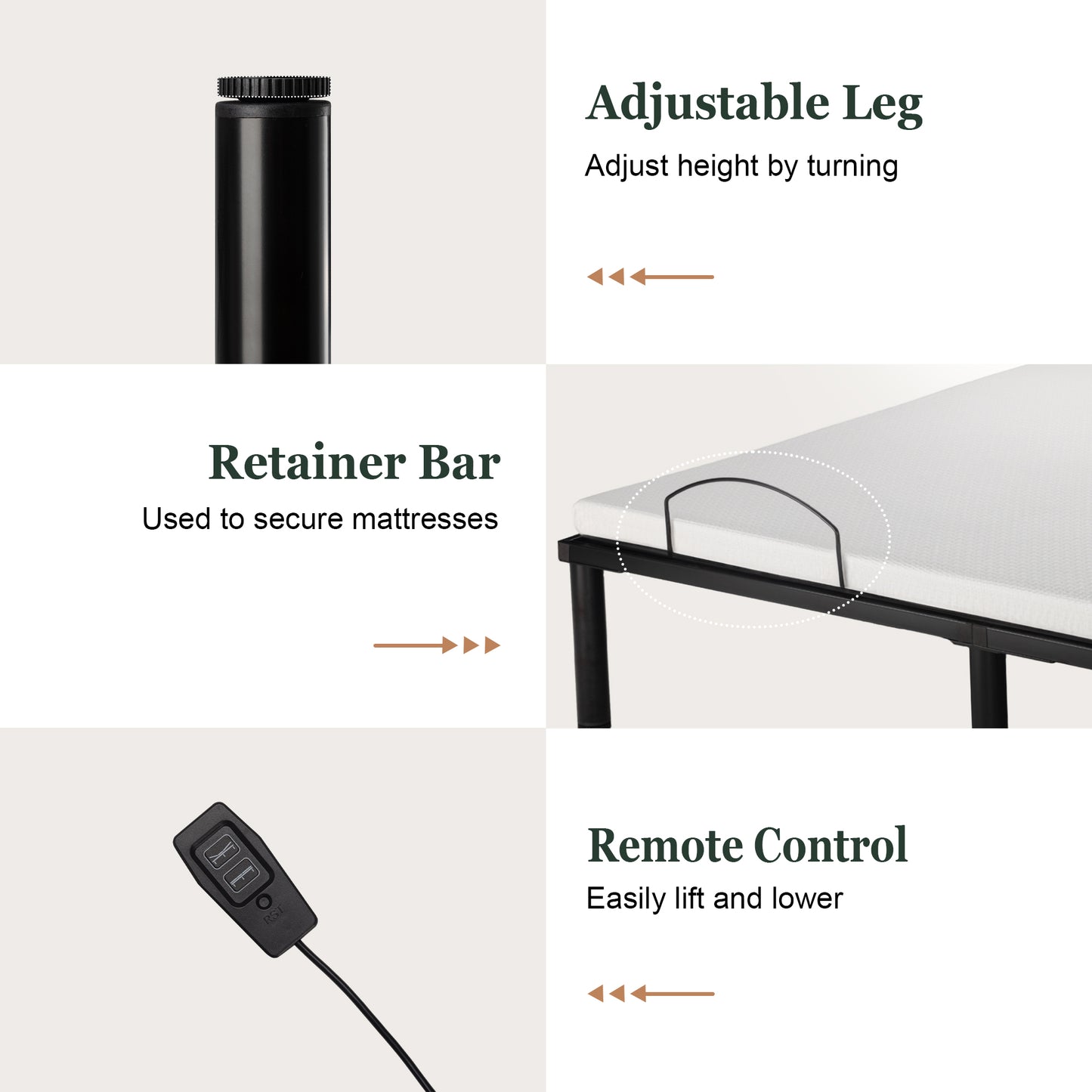 Queen Size Adjustable Bed Frame with Wired Remote Control, Height-adjustable Bed Legs, Black