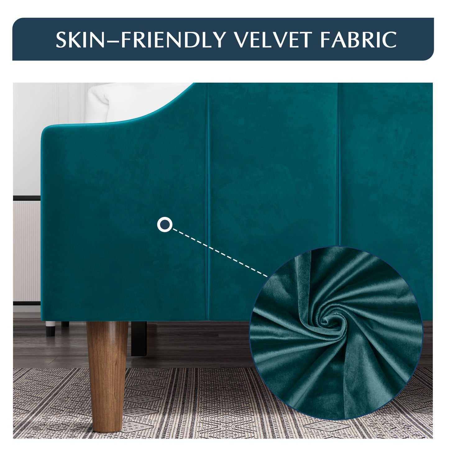 Modern Curved Wood Bed Frame with Upholstered Wingback Headboard