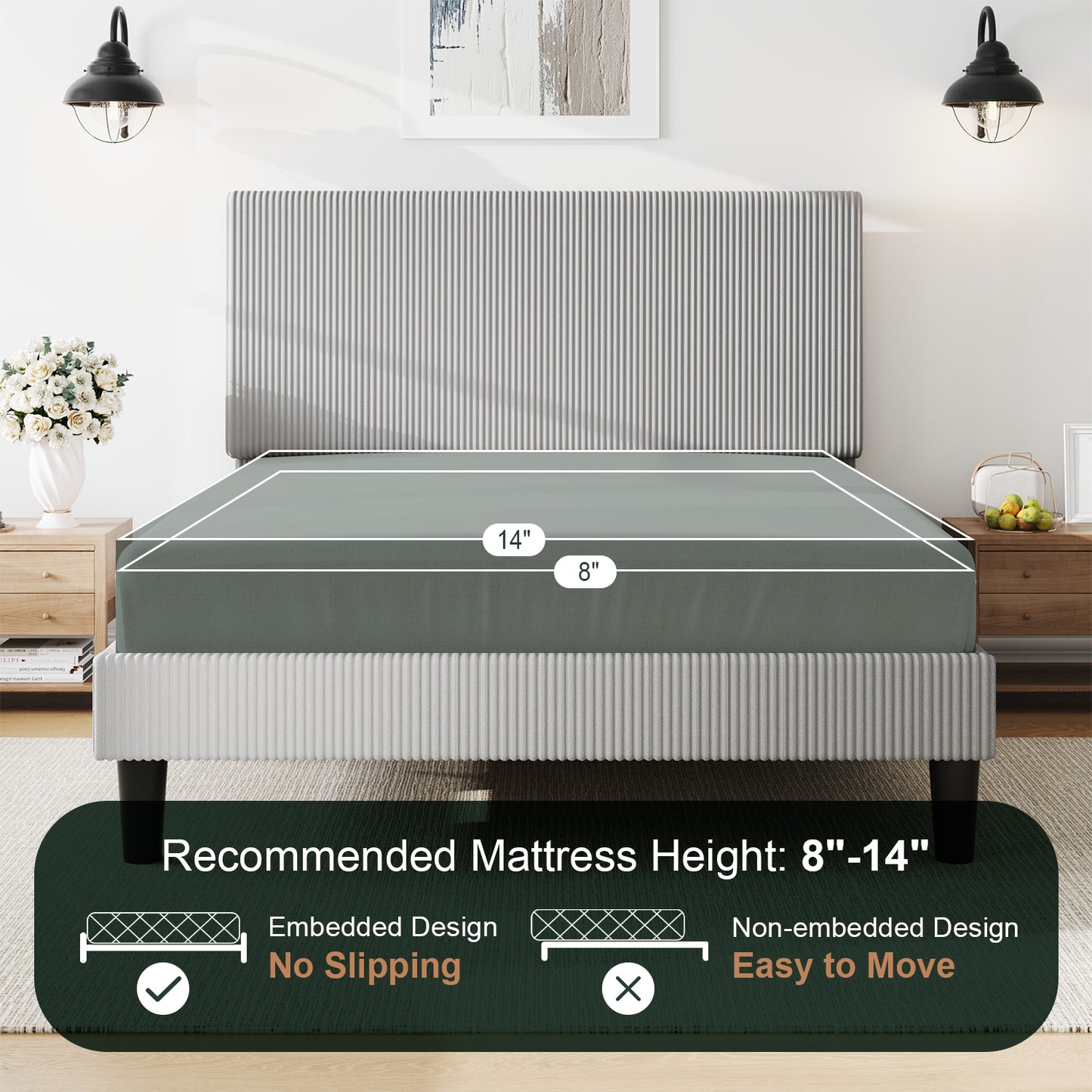 Amolife Platform Bed Frame with Corduroy Fabric Upholstered Adjustable Height Headboard