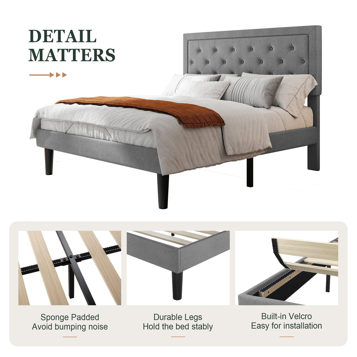 Amolife Fabric Upholstered Platform Bed Frame with Button Tufted Headboard