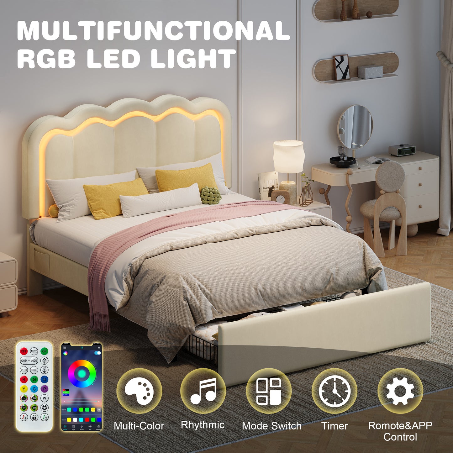 Amolife LED Bed Frame with Drawer, Velvet Upholstered Platform Bed Frame with Adjustable Wavy Headboard