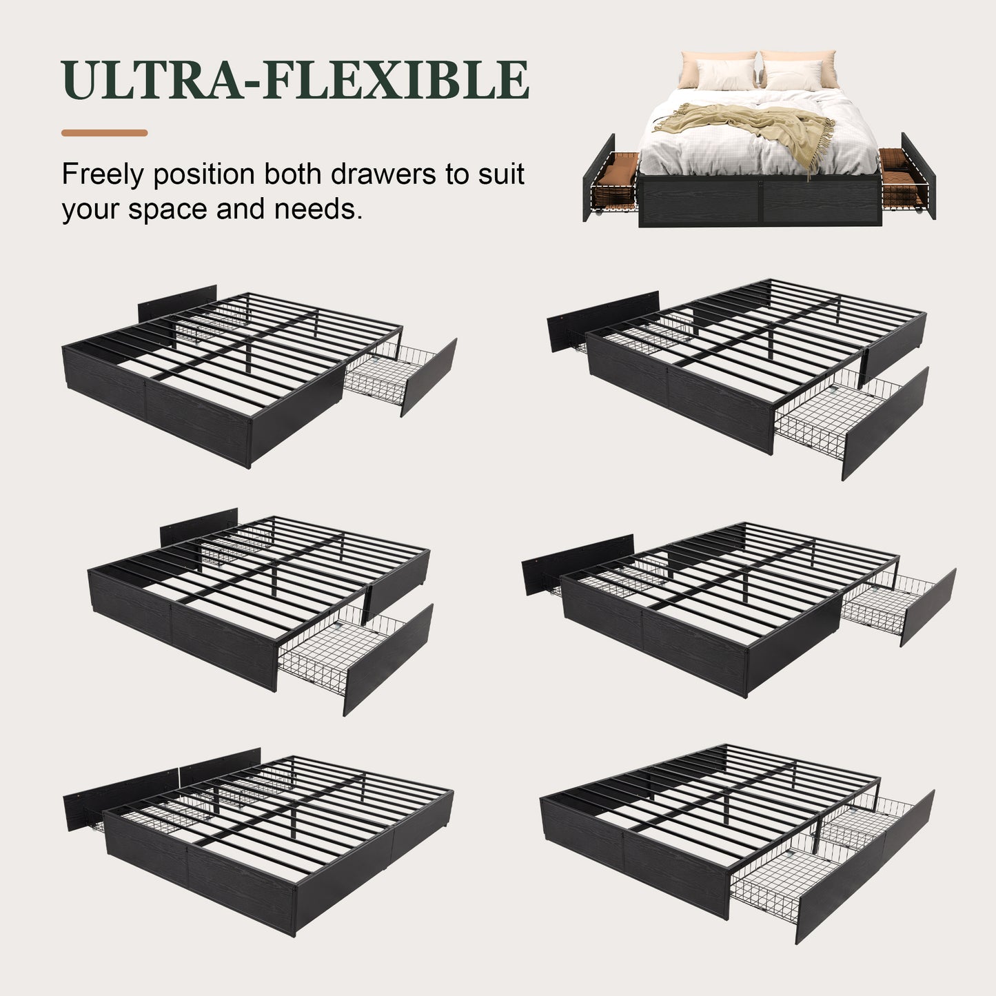 Amolife Platform Bed Frame with 2 Lockable Storage Drawers and Metal Slats