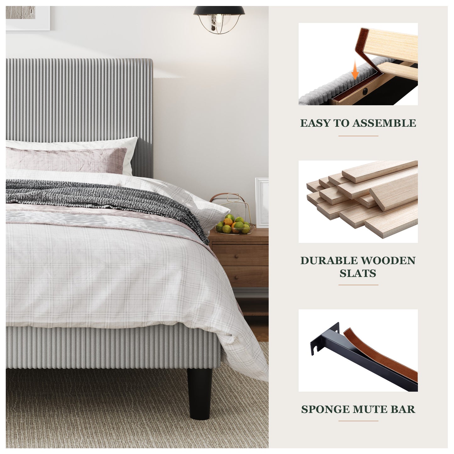 Amolife Platform Bed Frame with Corduroy Fabric Upholstered Adjustable Height Headboard