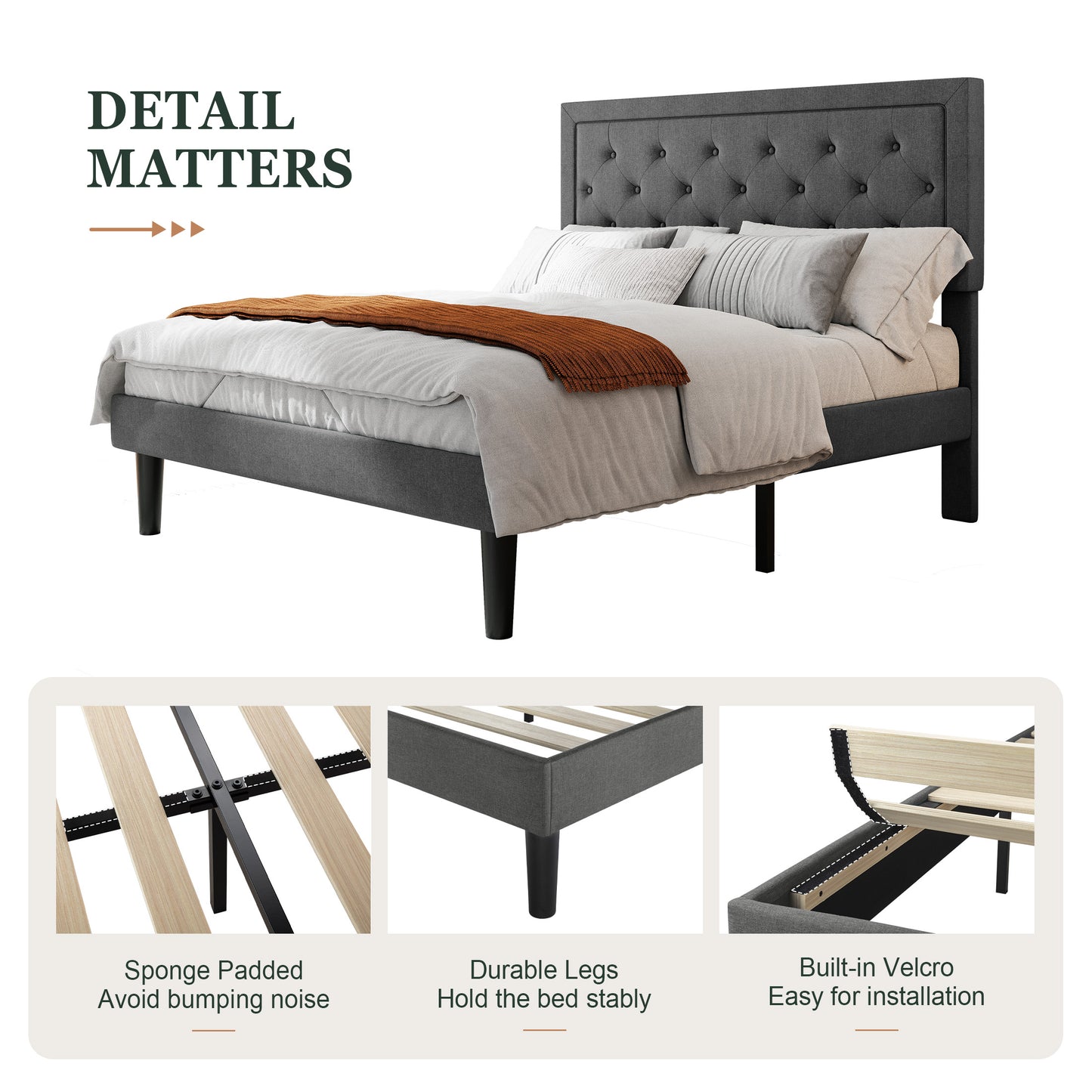Amolife Fabric Upholstered Platform Bed Frame with Button Tufted Headboard