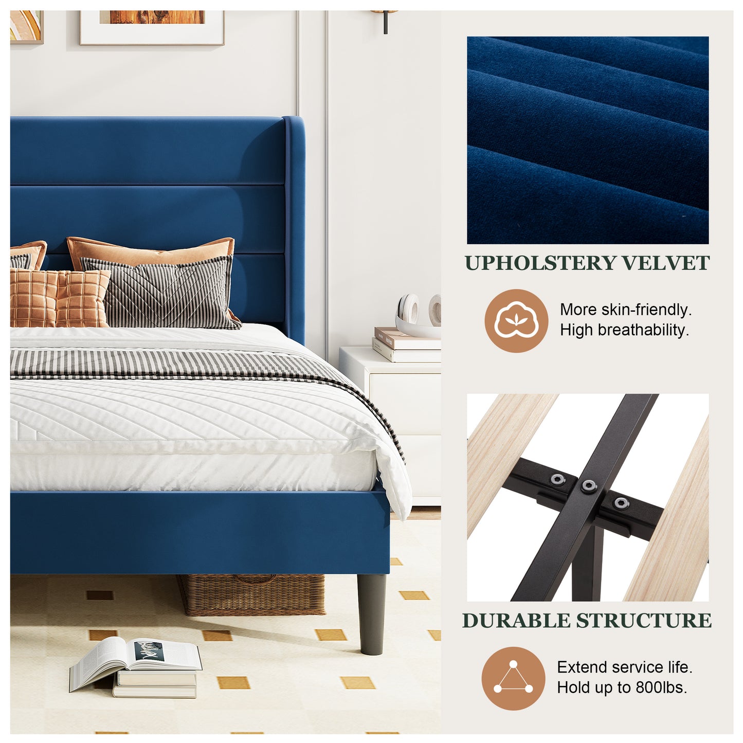 Amolife Platform Bed Frame with Velvet Upholstered Wingback Headboard