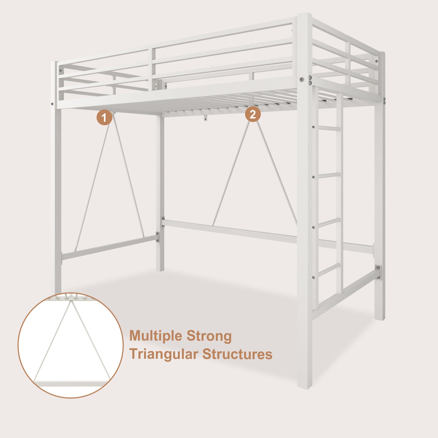 Loft Bed Frame for Juniors&Adults, Metal Loft Bed Twin Size with Safety Guardrail&Removable Ladder, Space-Saving, Noise Free