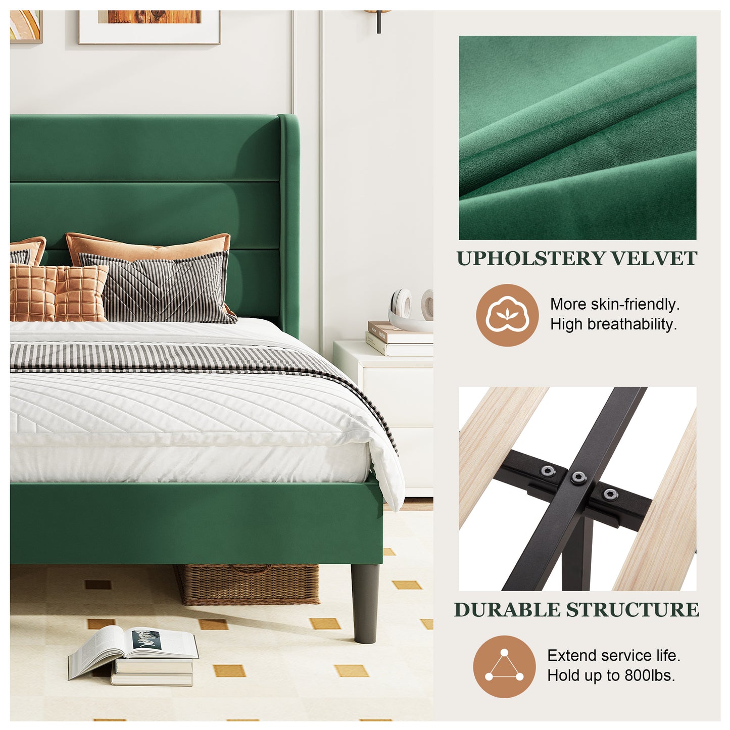 Amolife Platform Bed Frame with Velvet Upholstered Wingback Headboard