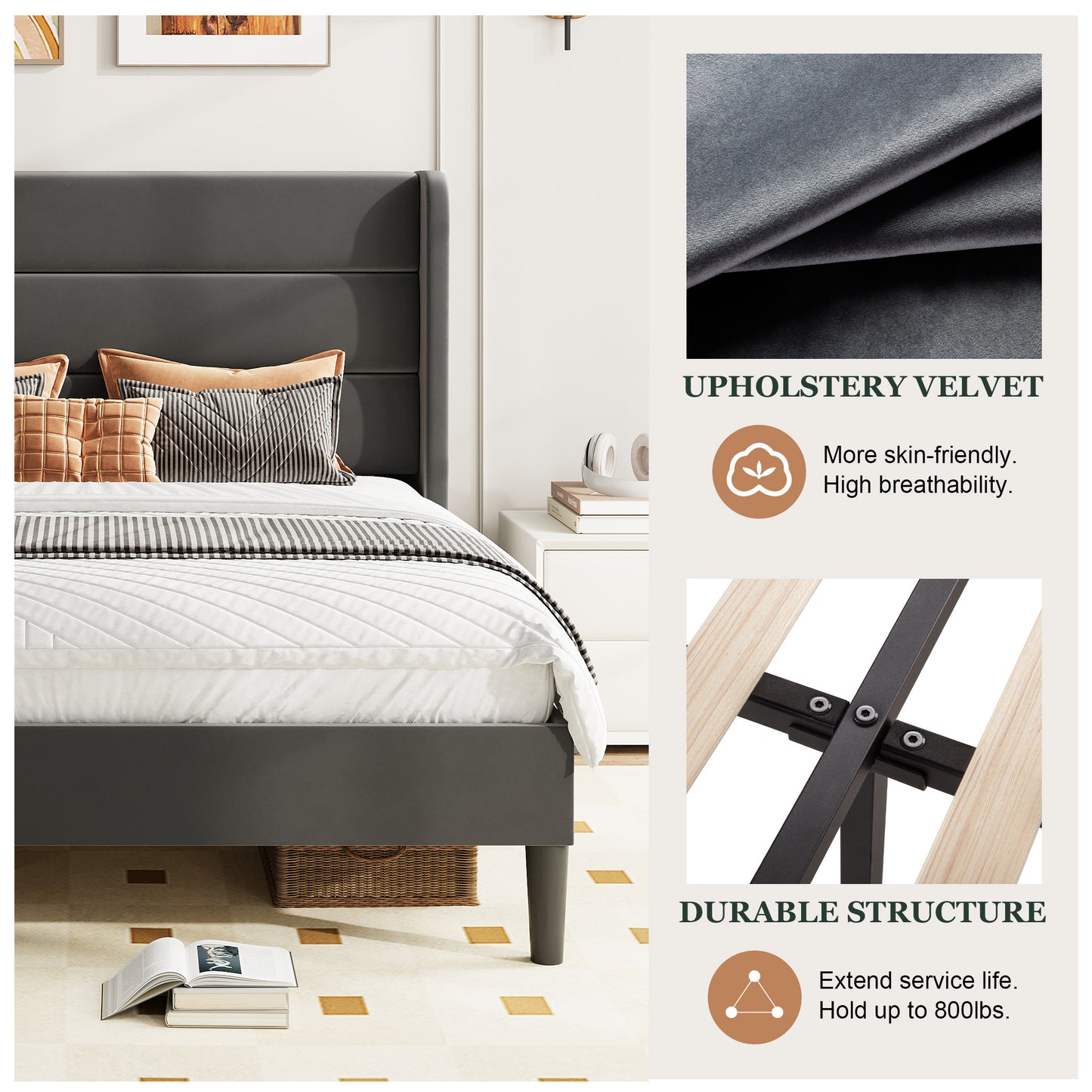 Amolife Platform Bed Frame with Velvet Upholstered Wingback Headboard