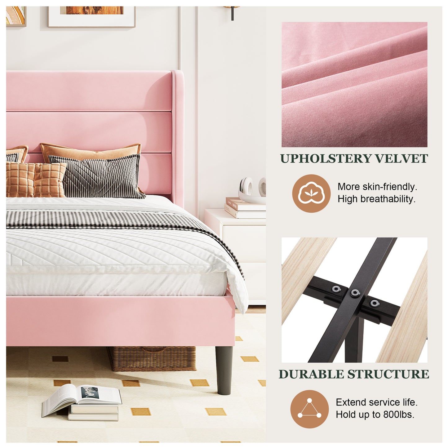 Amolife Platform Bed Frame with Velvet Upholstered Wingback Headboard