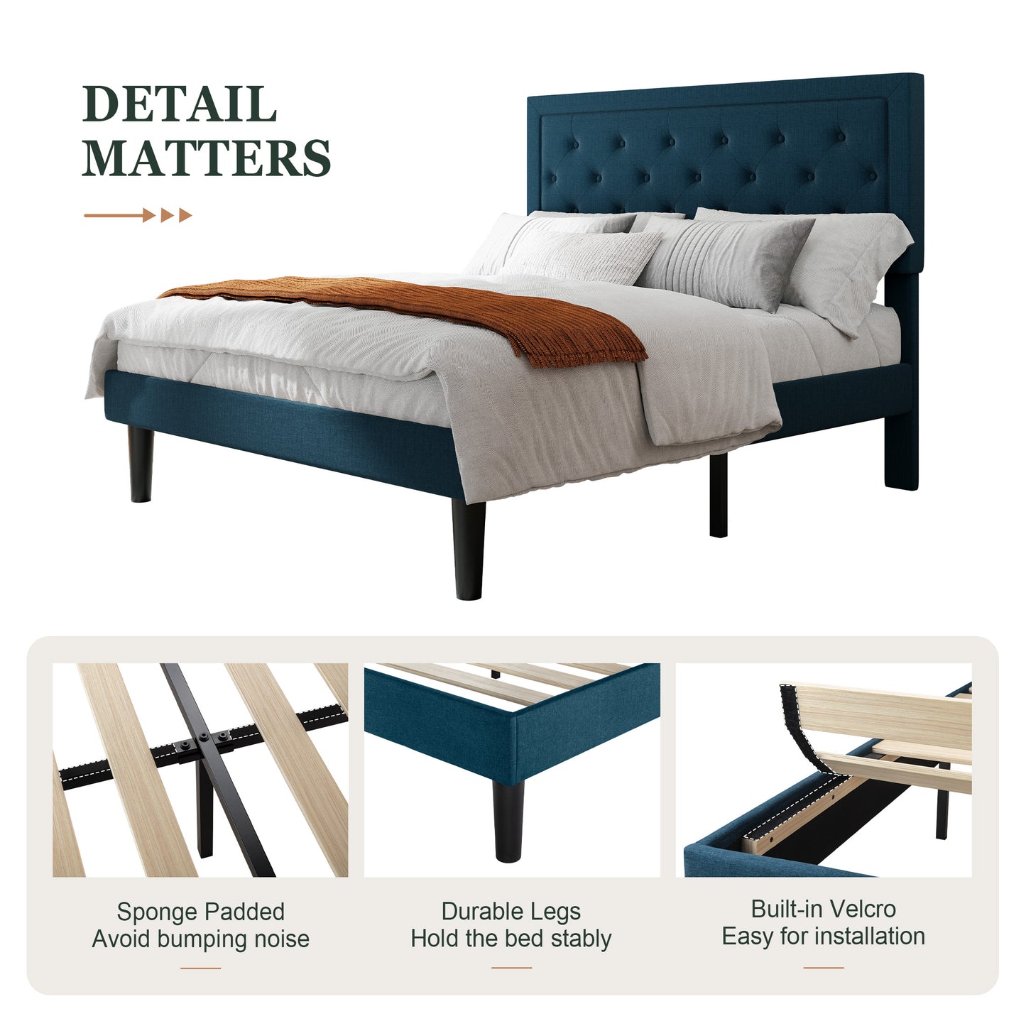 Amolife Fabric Upholstered Platform Bed Frame with Button Tufted Headboard