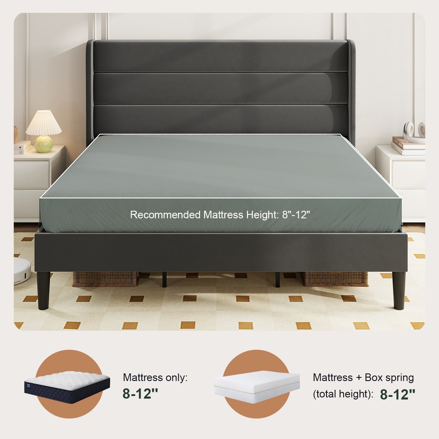 Amolife Platform Bed Frame with Velvet Upholstered Wingback Headboard