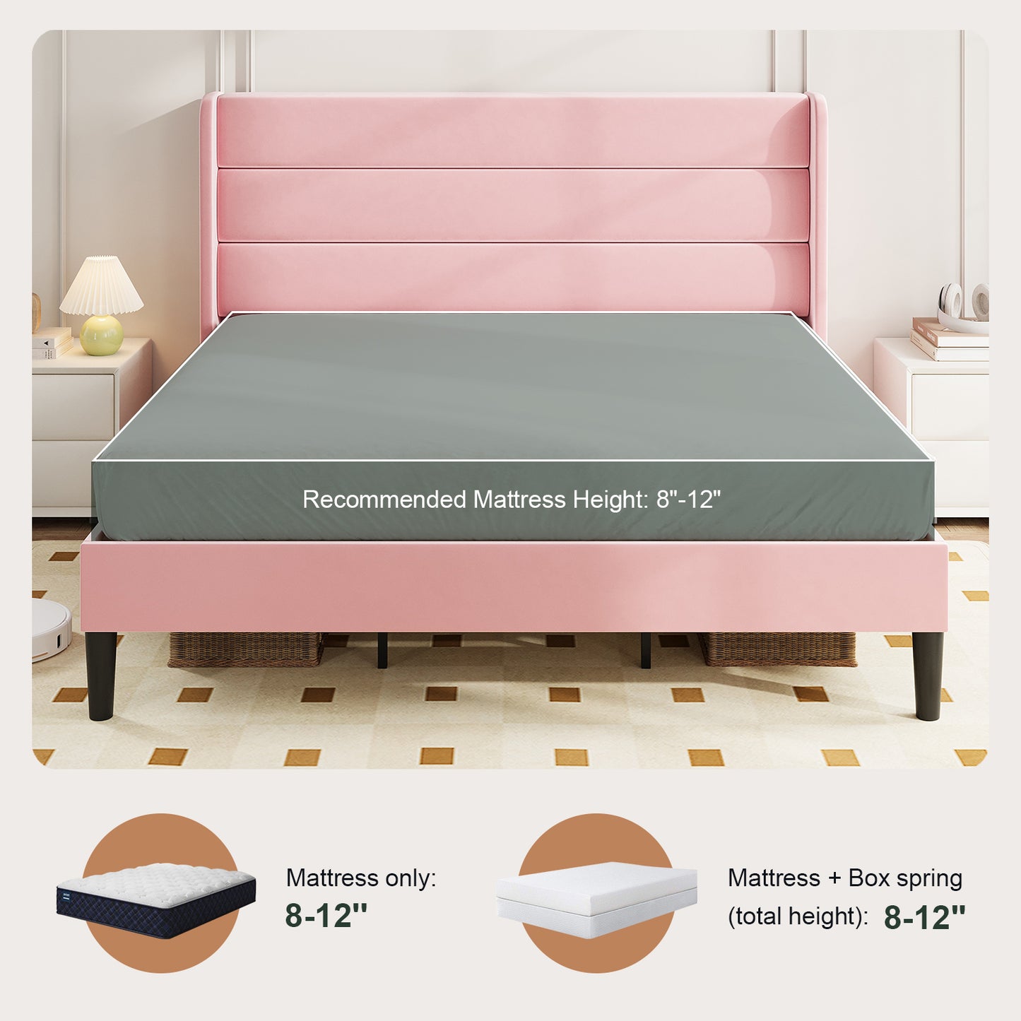 Amolife Platform Bed Frame with Velvet Upholstered Wingback Headboard