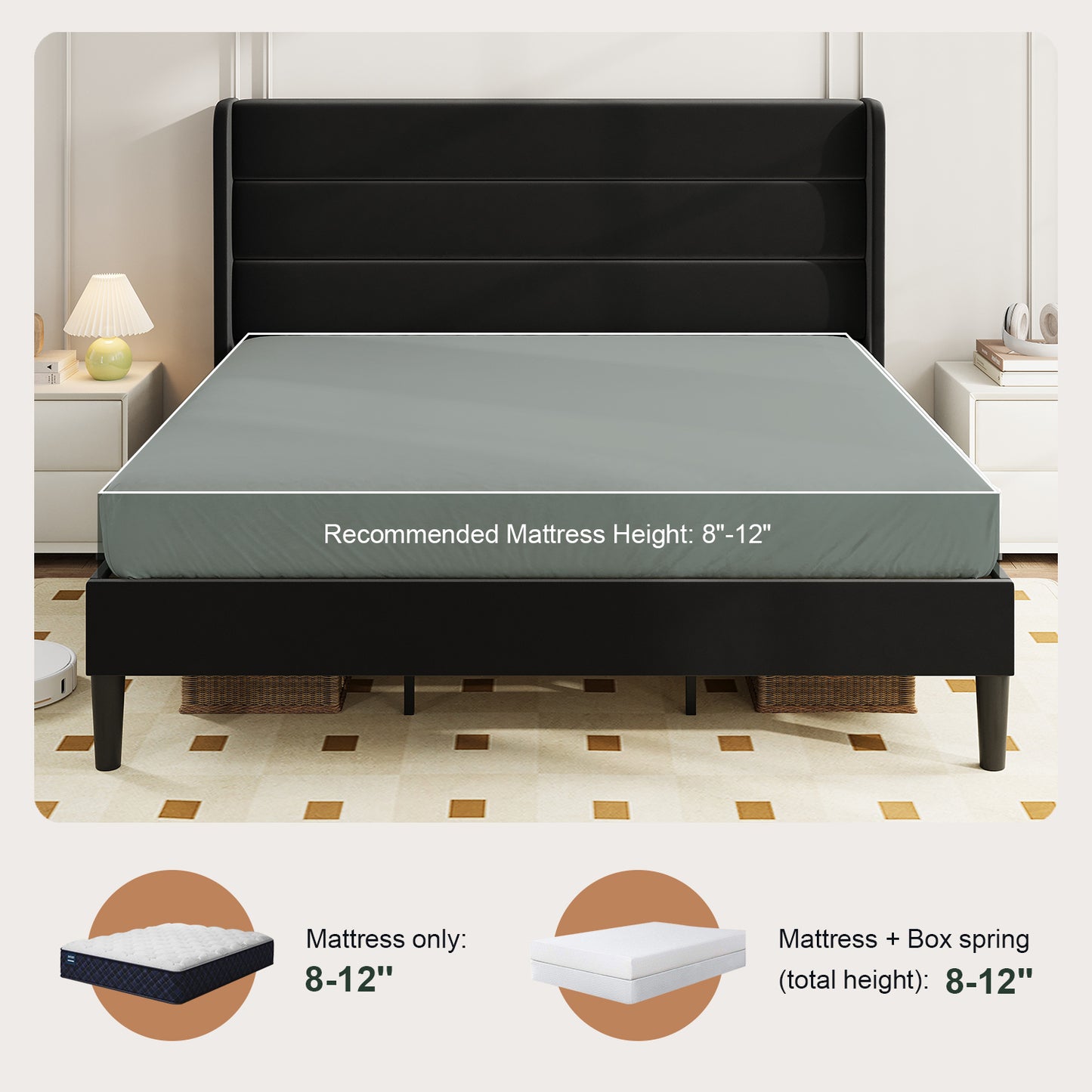 Amolife Platform Bed Frame with Velvet Upholstered Wingback Headboard