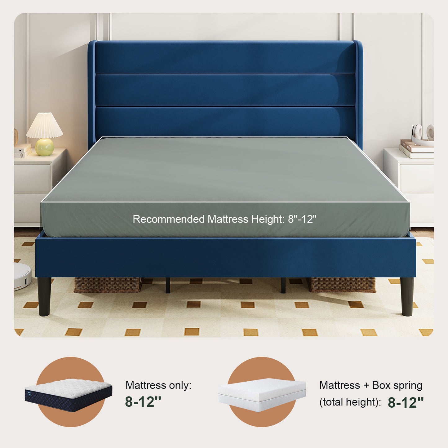 Amolife Platform Bed Frame with Velvet Upholstered Wingback Headboard