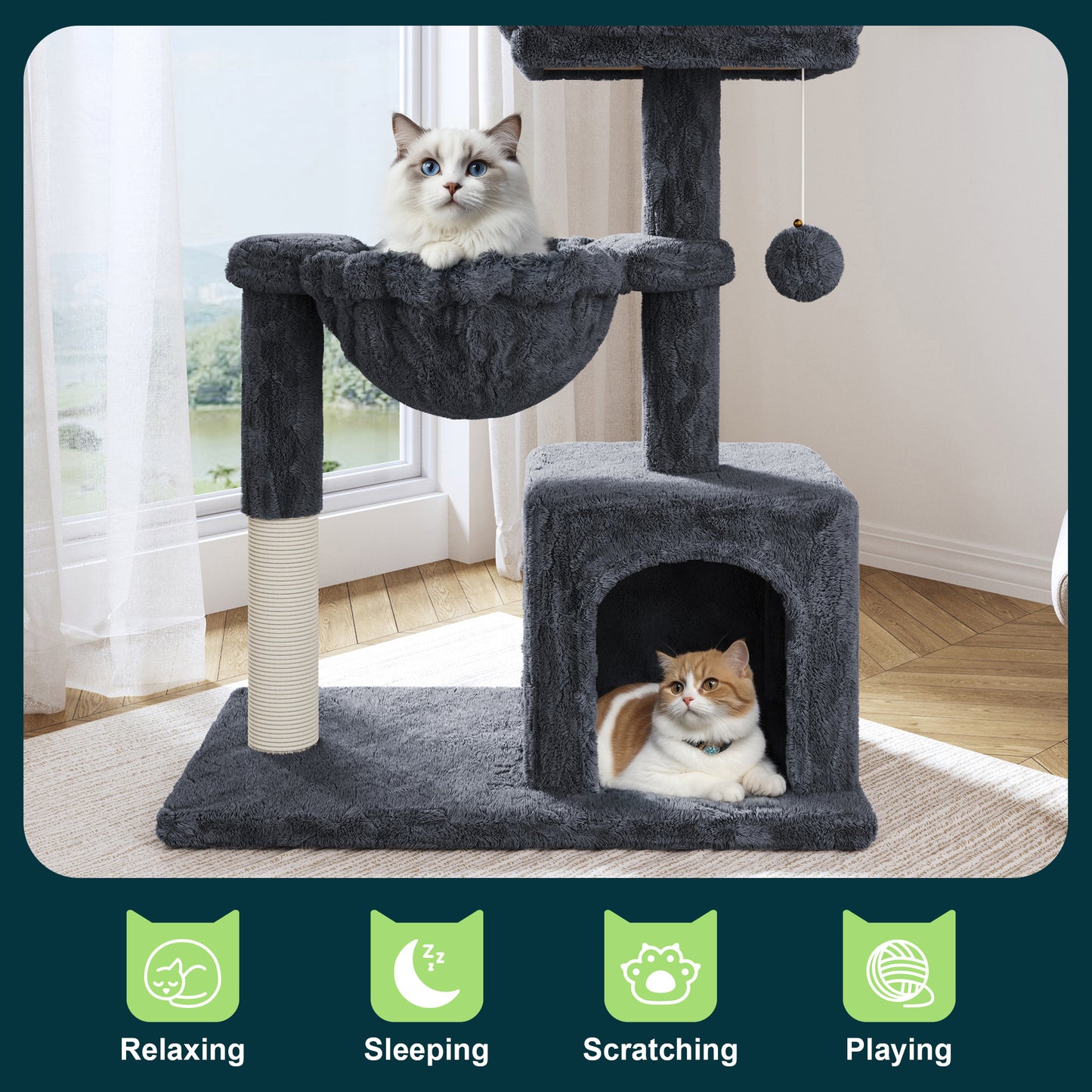 Amolife 29.5" Cat Tree Tower with Plush Condo Hammock, Large Perch Sisal Scratching Posts, Cat Furniture for Indoor Cats and Kittens