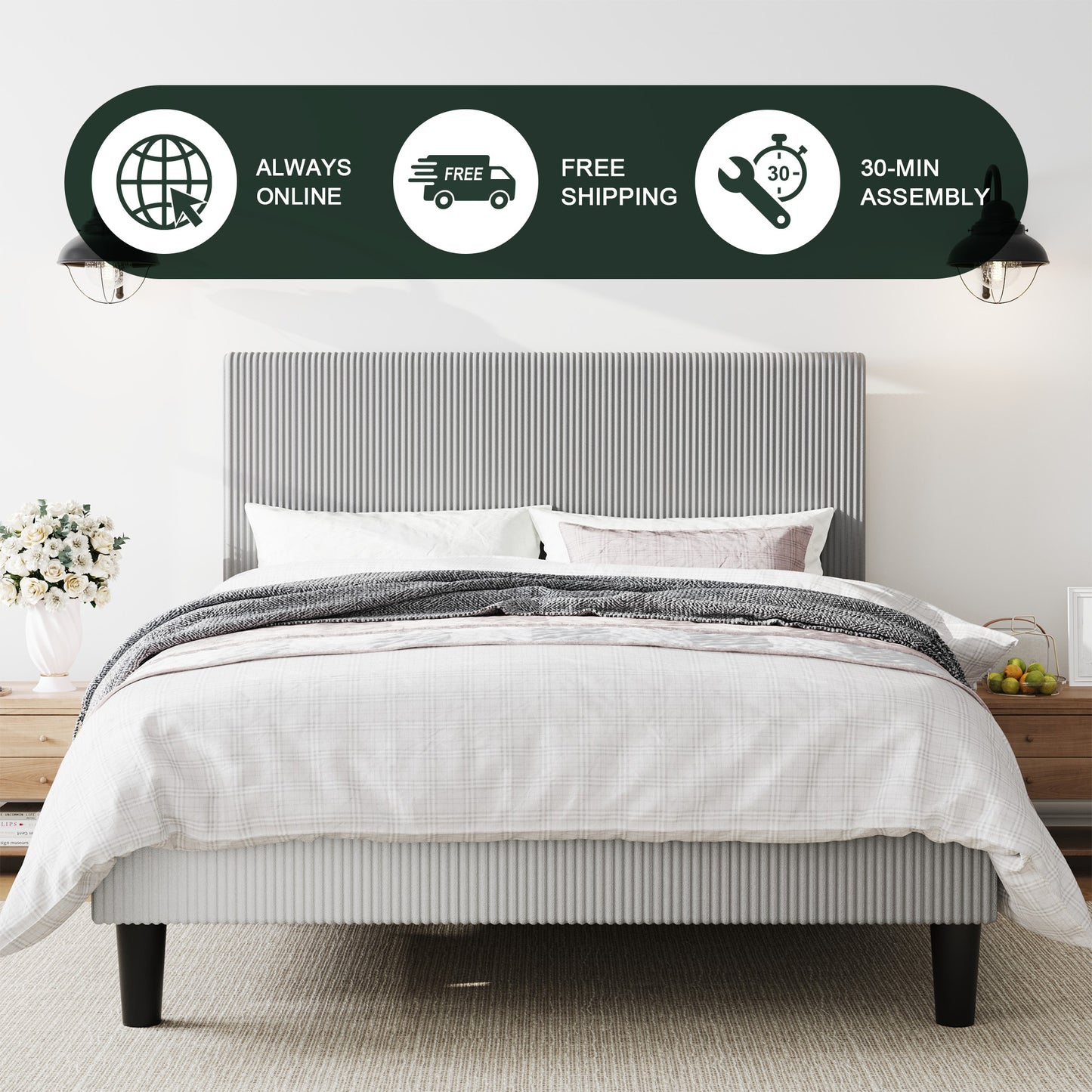 Amolife Platform Bed Frame with Corduroy Fabric Upholstered Adjustable Height Headboard