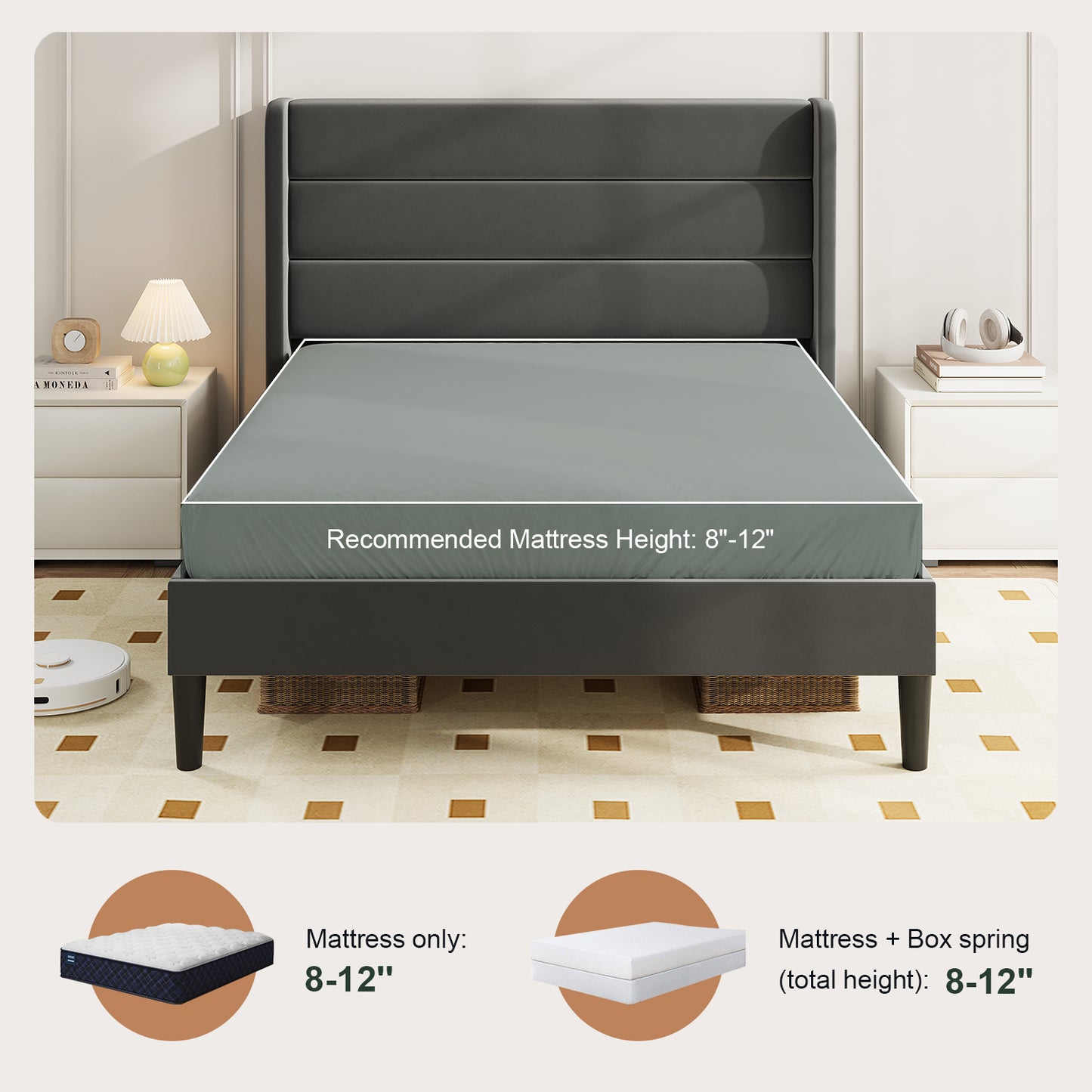 Amolife Platform Bed Frame with Velvet Upholstered Wingback Headboard