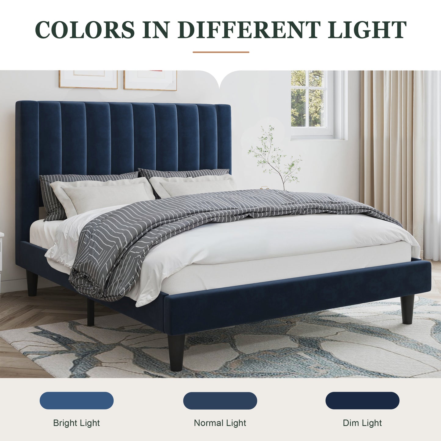 Velvet Upholstered Platform Bed Frame with Headboard, Strong Wood Slats Support