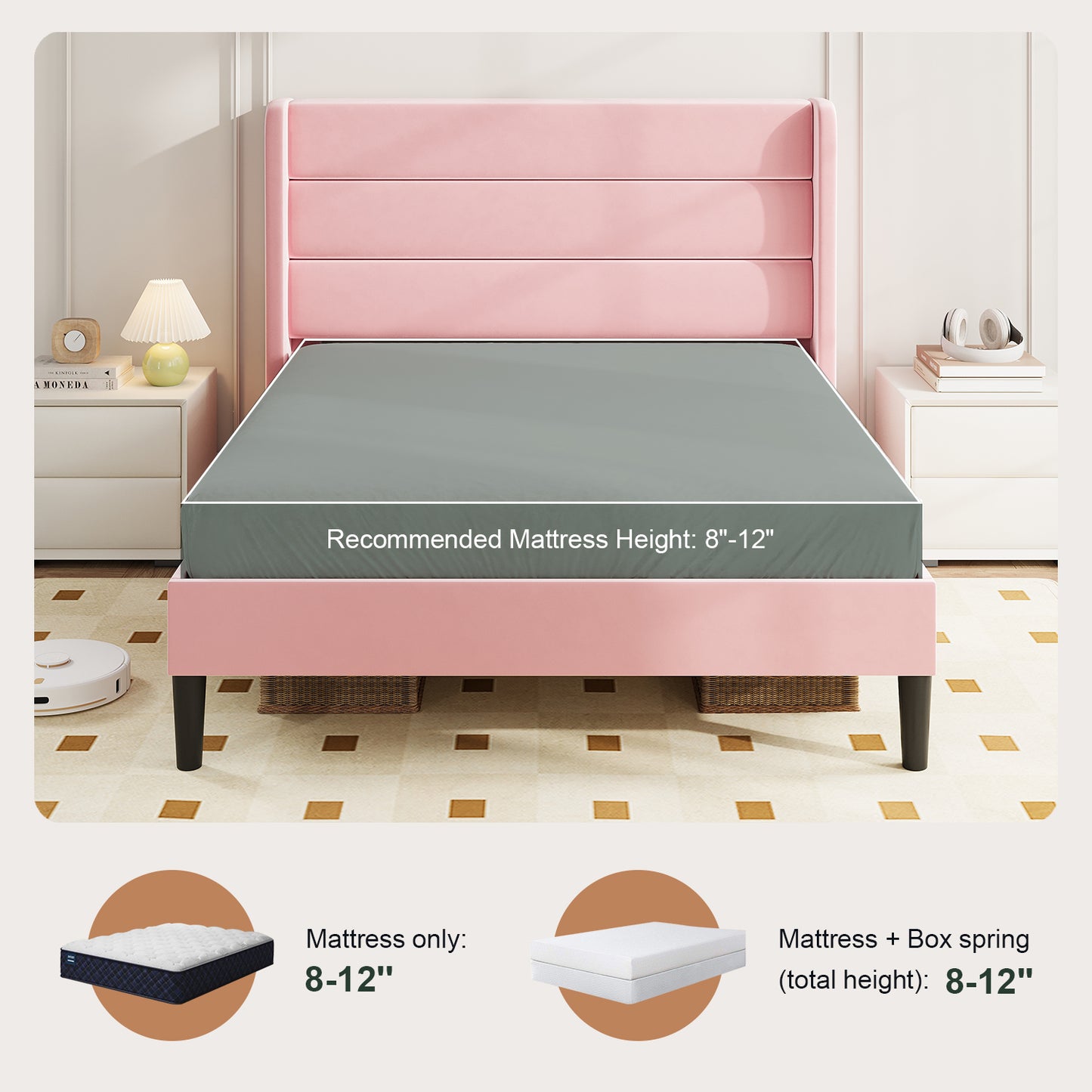 Amolife Platform Bed Frame with Velvet Upholstered Wingback Headboard