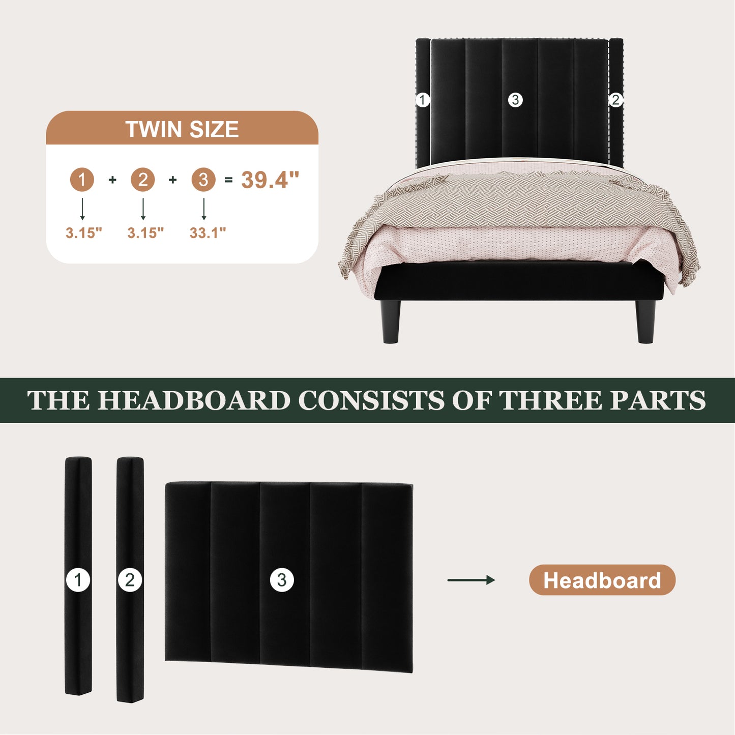 Amolife Twin Size Bed Frame with Velvet Channel Headboard