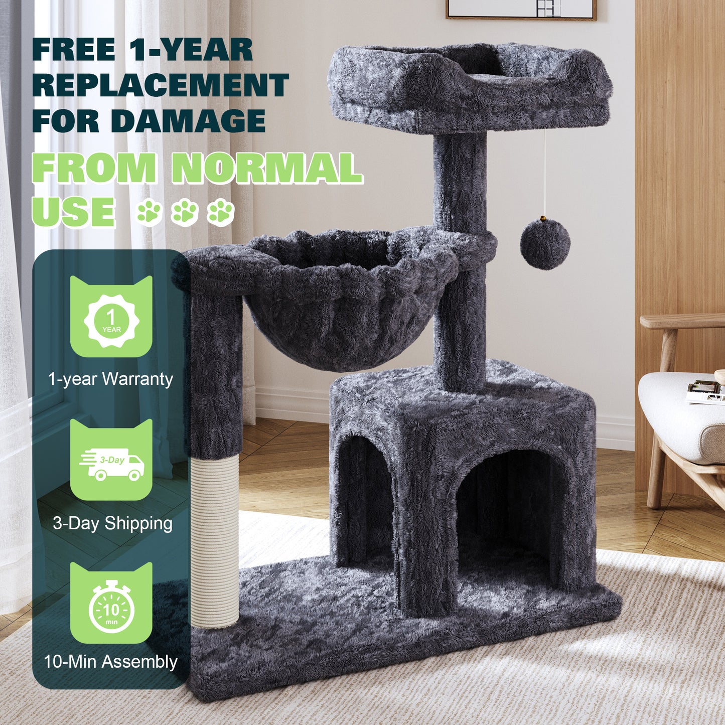 Amolife 29.5" Cat Tree Tower with Plush Condo Hammock, Large Perch Sisal Scratching Posts, Cat Furniture for Indoor Cats and Kittens
