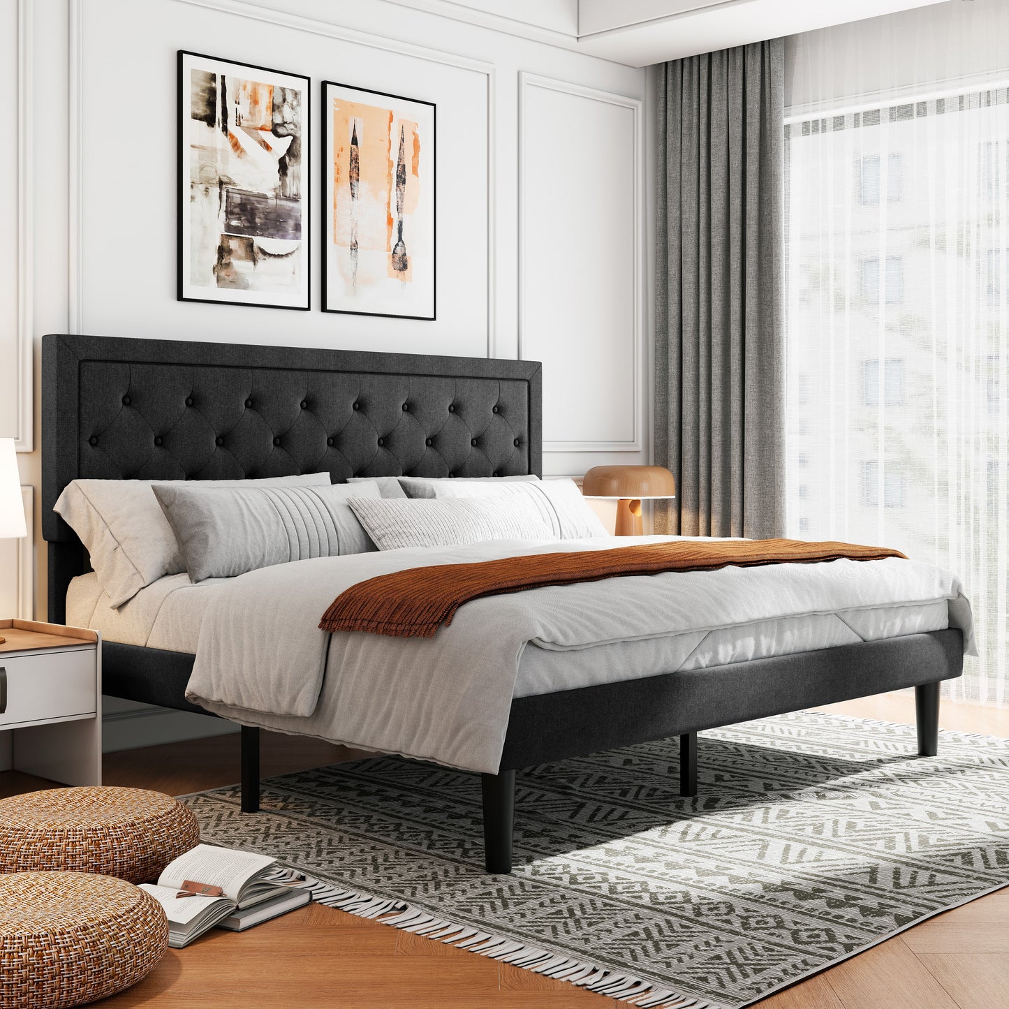 Amolife Fabric Upholstered Platform Bed Frame with Button Tufted Headboard
