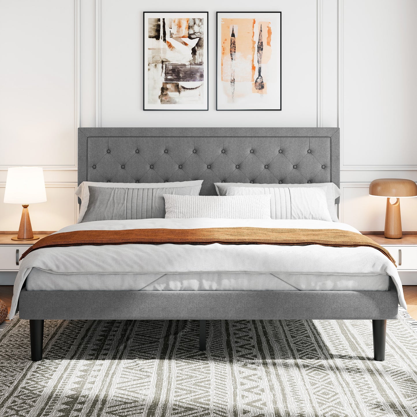 Amolife Fabric Upholstered Platform Bed Frame with Button Tufted Headboard
