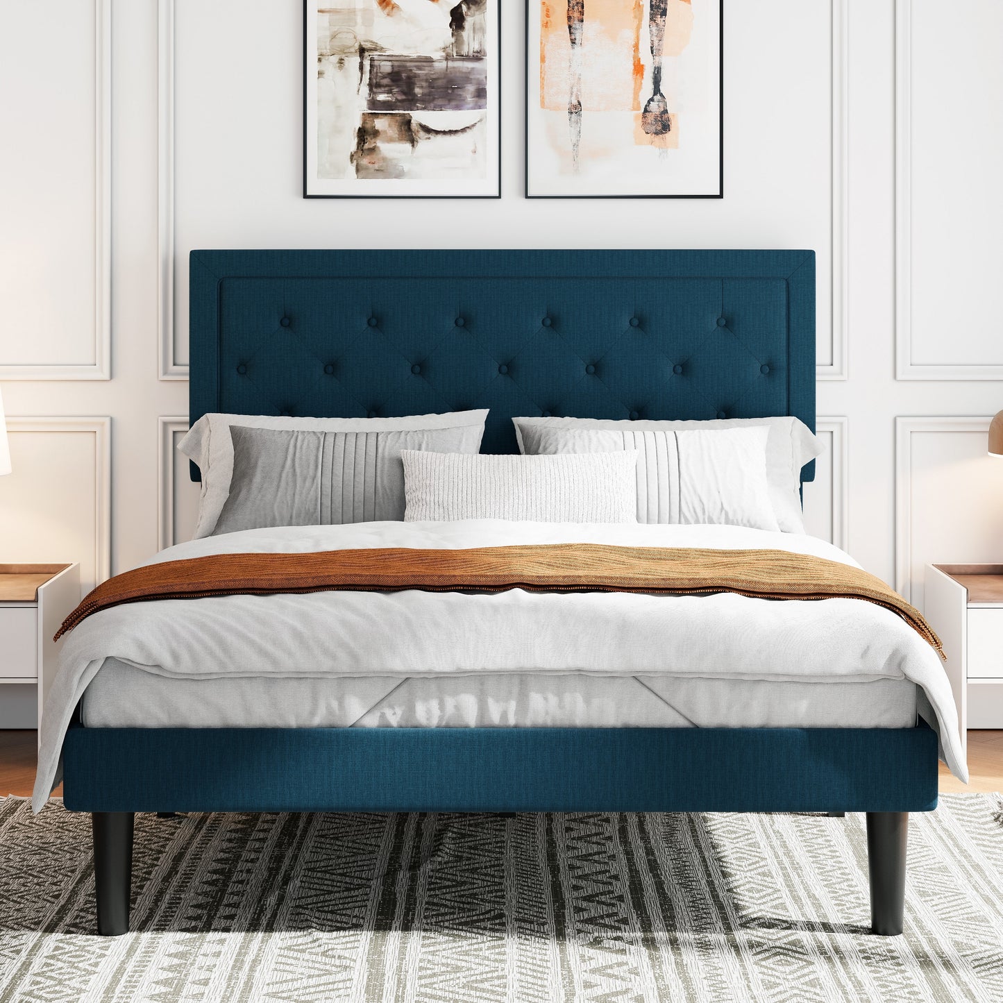 Amolife Fabric Upholstered Platform Bed Frame with Button Tufted Headboard