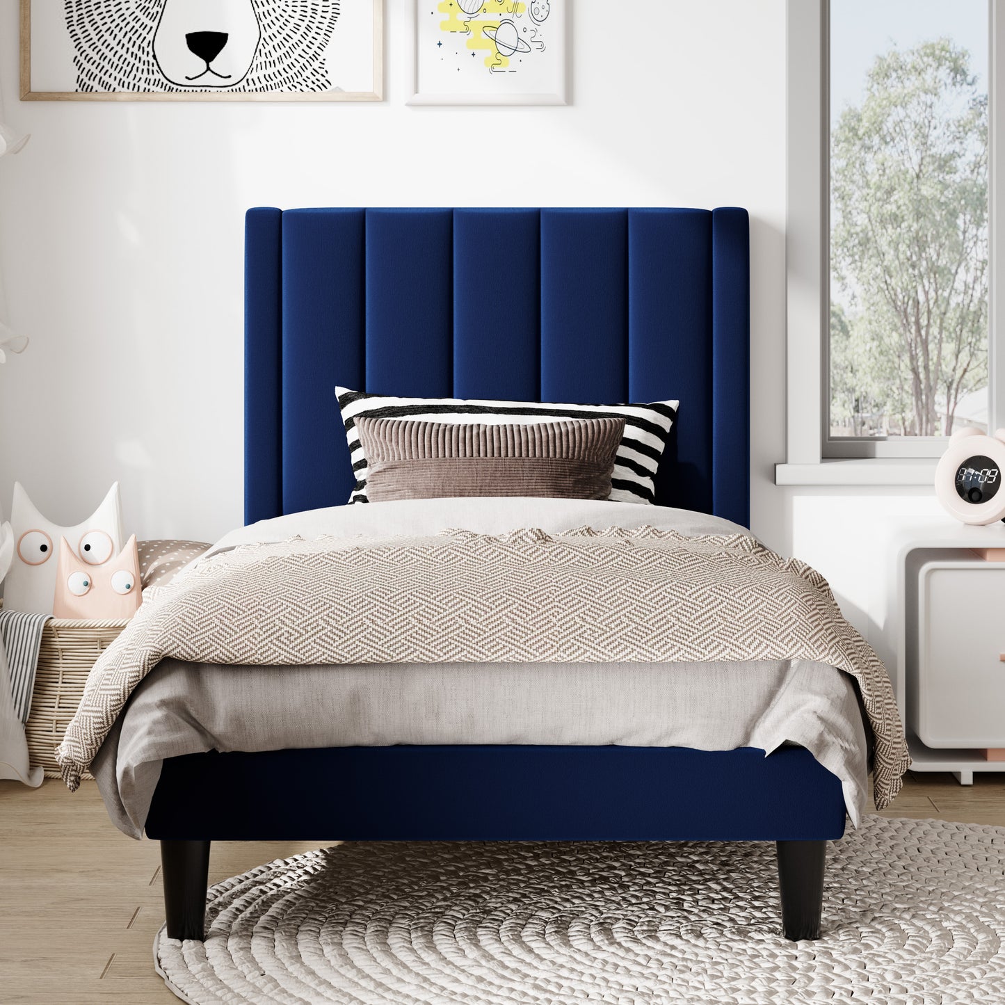 Amolife Twin Size Bed Frame with Velvet Channel Headboard