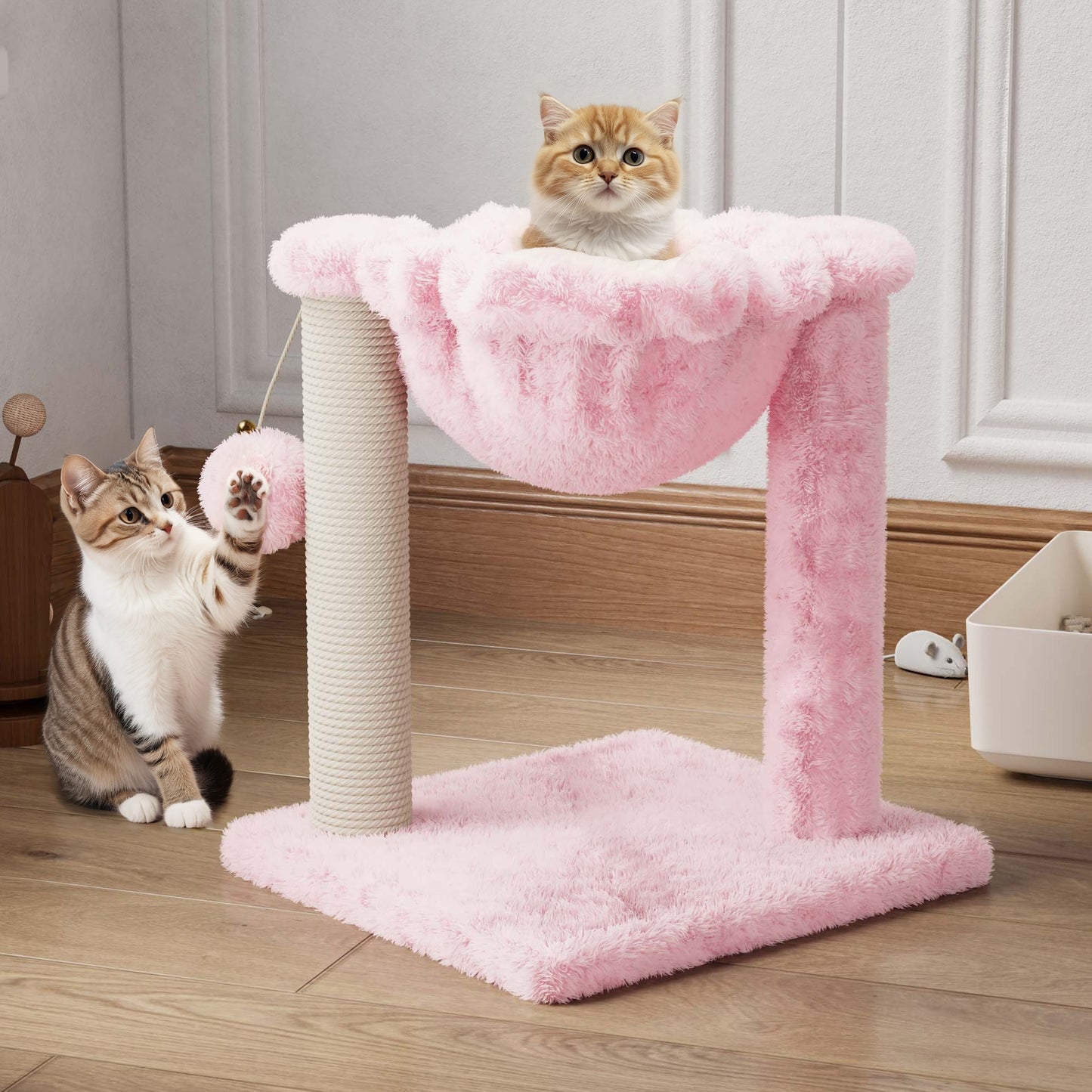 Amolife 14.1" Cat Tree with Hammock, Sisal Scratching Post, Plush Bed, Stable Cat Furniture for Indoor Cats and Kittens