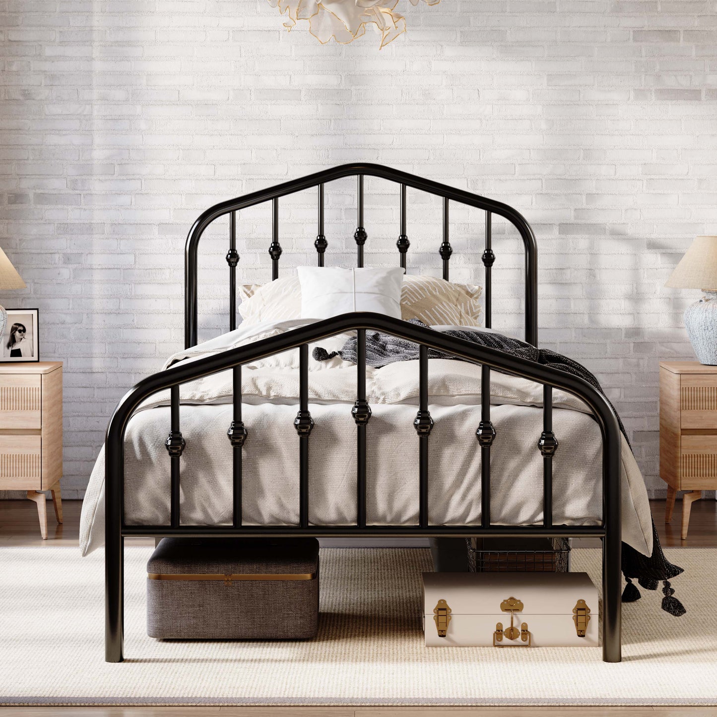 Amolife Vintage Metal Bed Frame with Delicate Headboard and Footboard