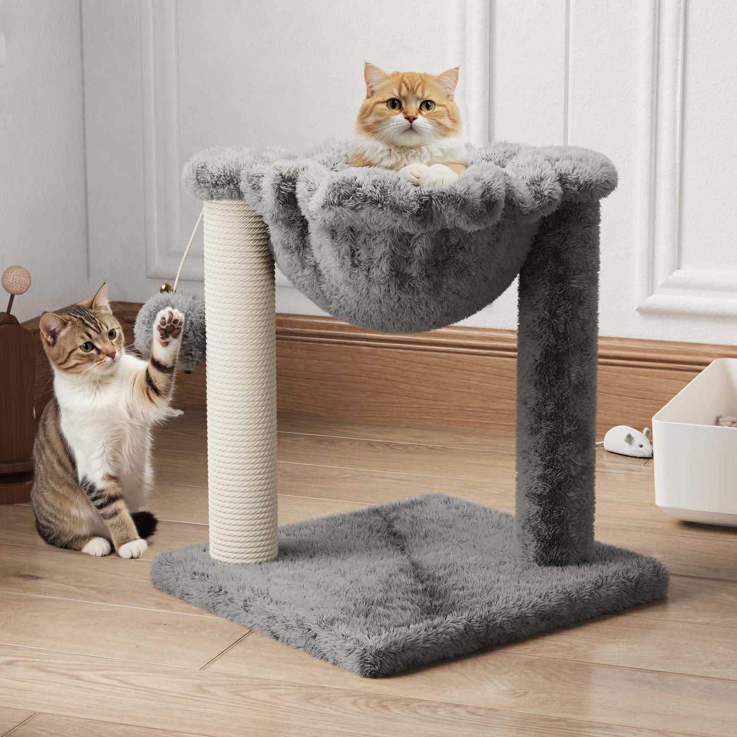 Amolife 14.1" Cat Tree with Hammock, Sisal Scratching Post, Plush Bed, Stable Cat Furniture for Indoor Cats and Kittens