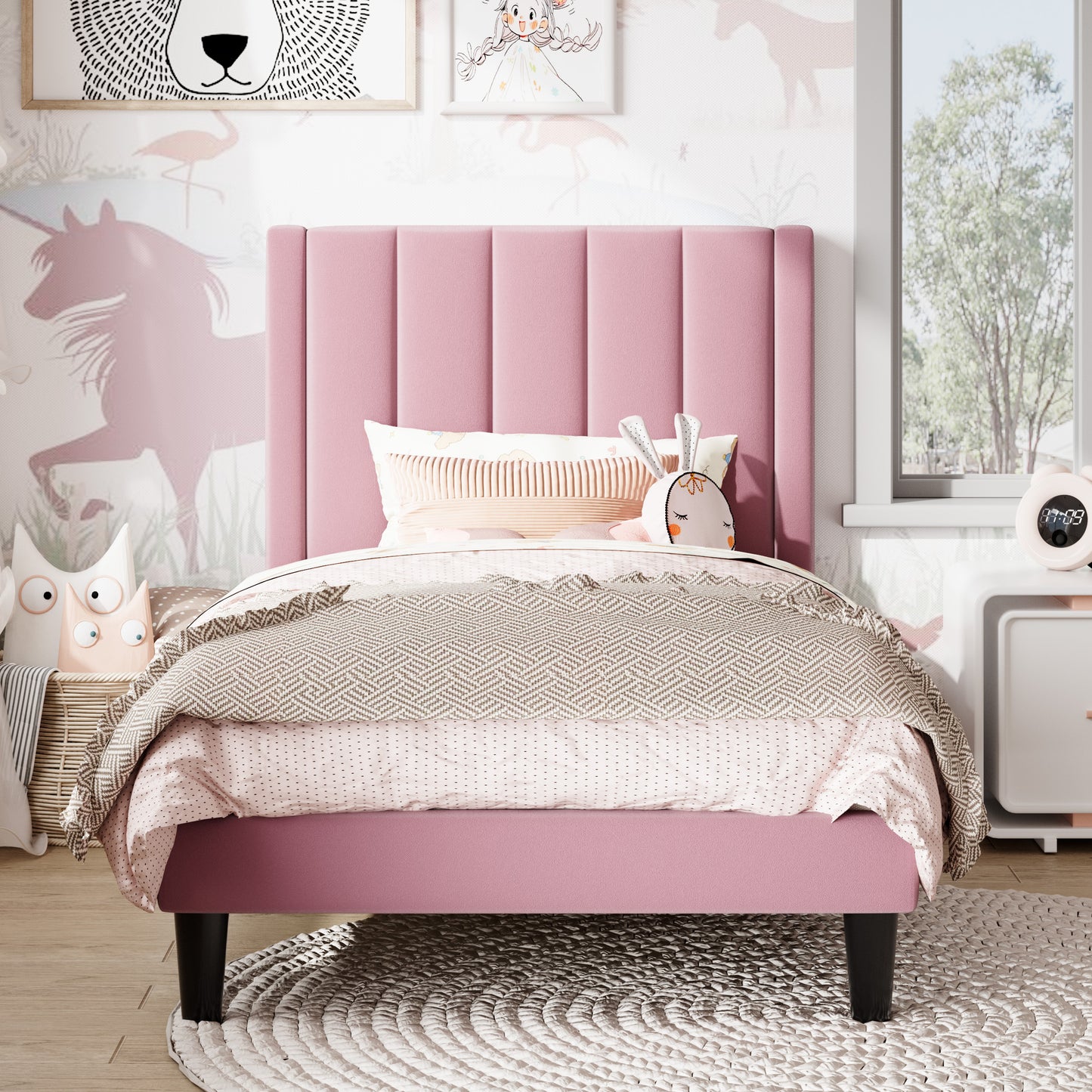 Amolife Twin Size Bed Frame with Velvet Channel Headboard