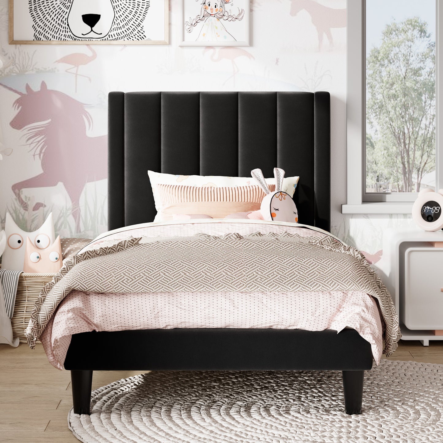 Amolife Twin Size Bed Frame with Velvet Channel Headboard