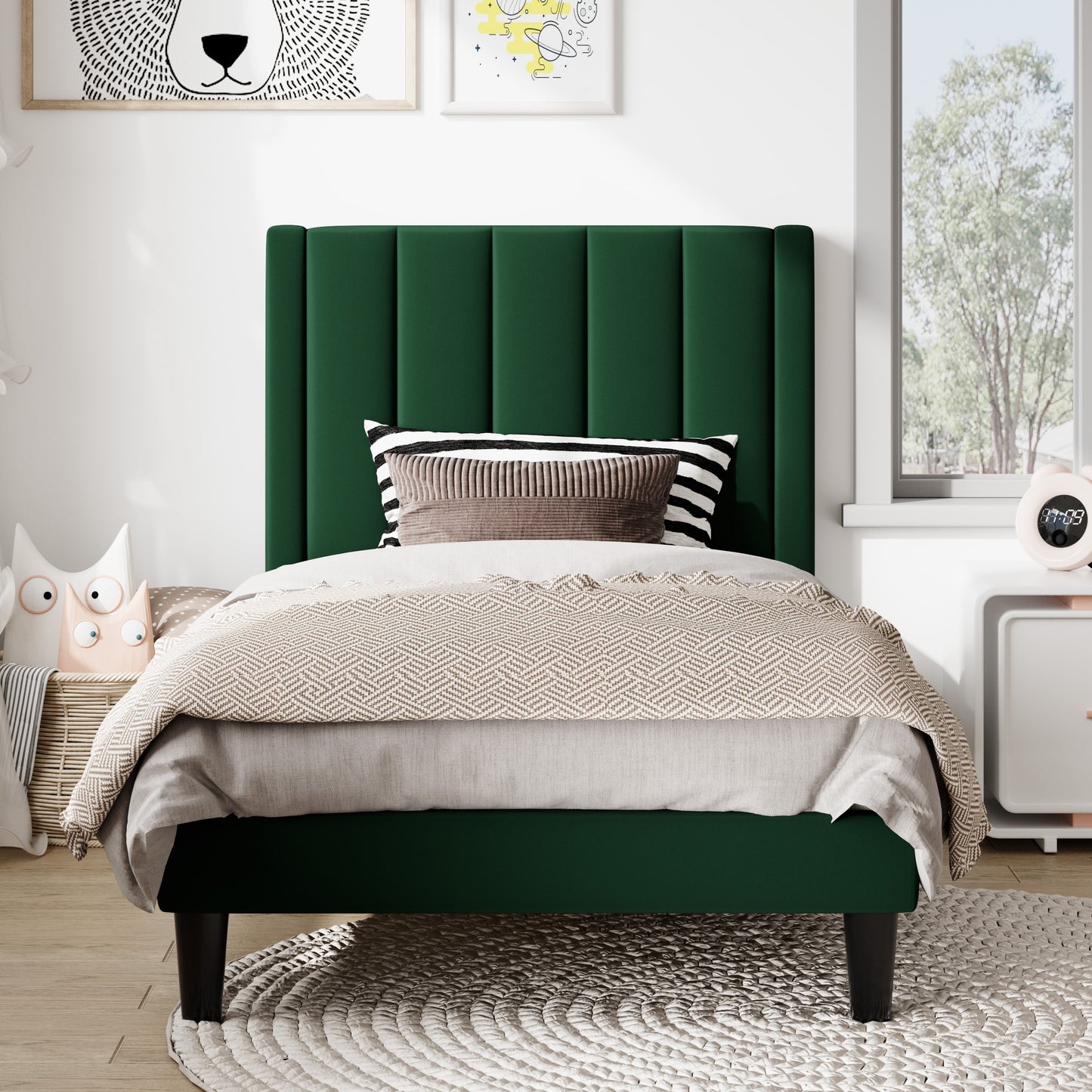 Amolife Twin Size Bed Frame with Velvet Channel Headboard