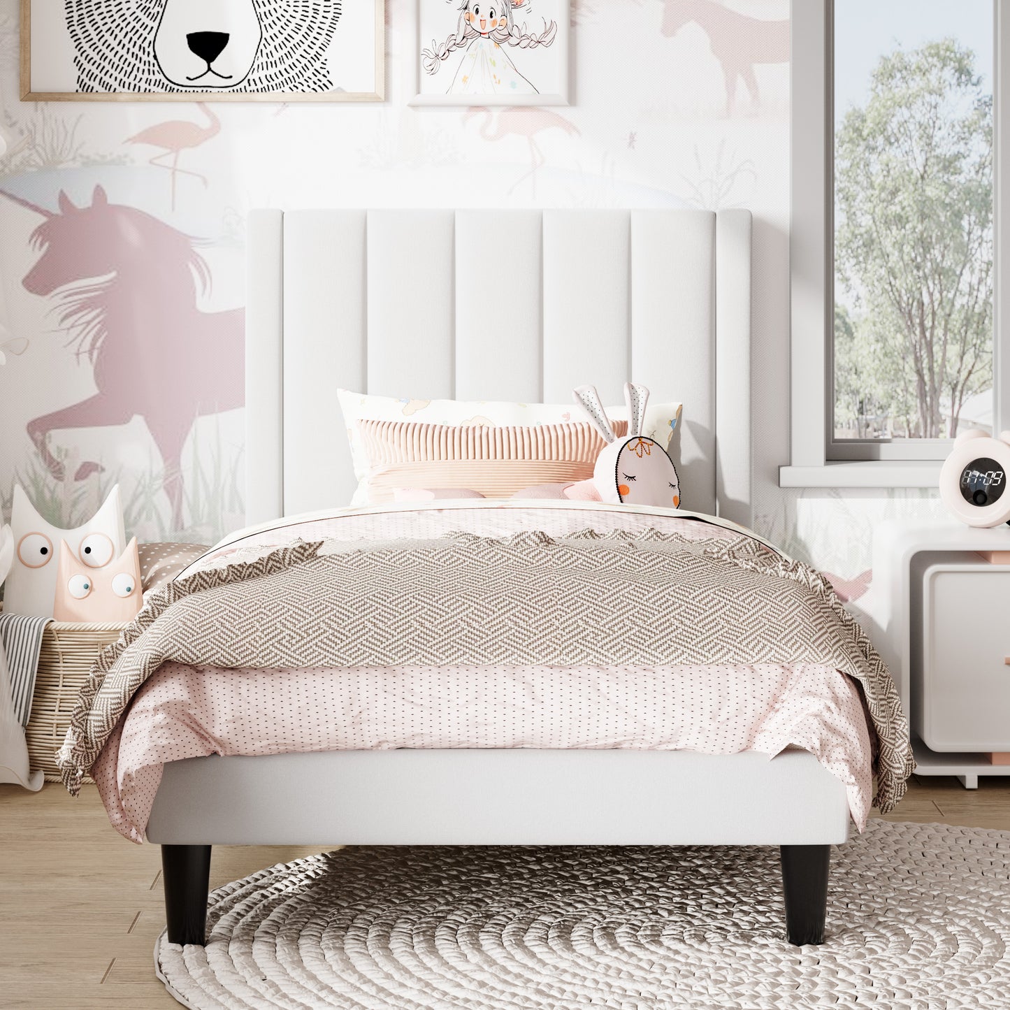 Amolife Twin Size Bed Frame with Velvet Channel Headboard