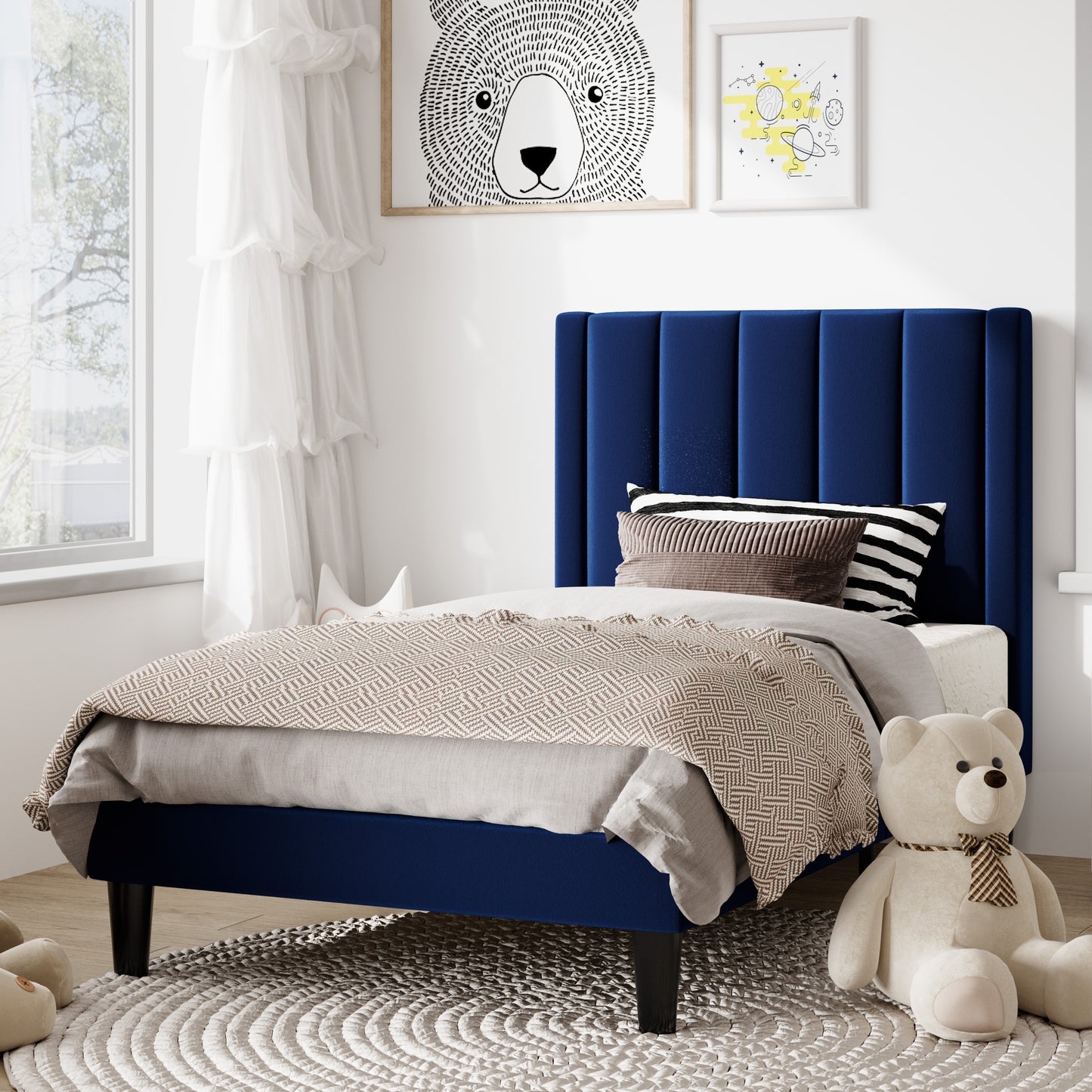 Amolife Twin Size Bed Frame with Velvet Channel Headboard