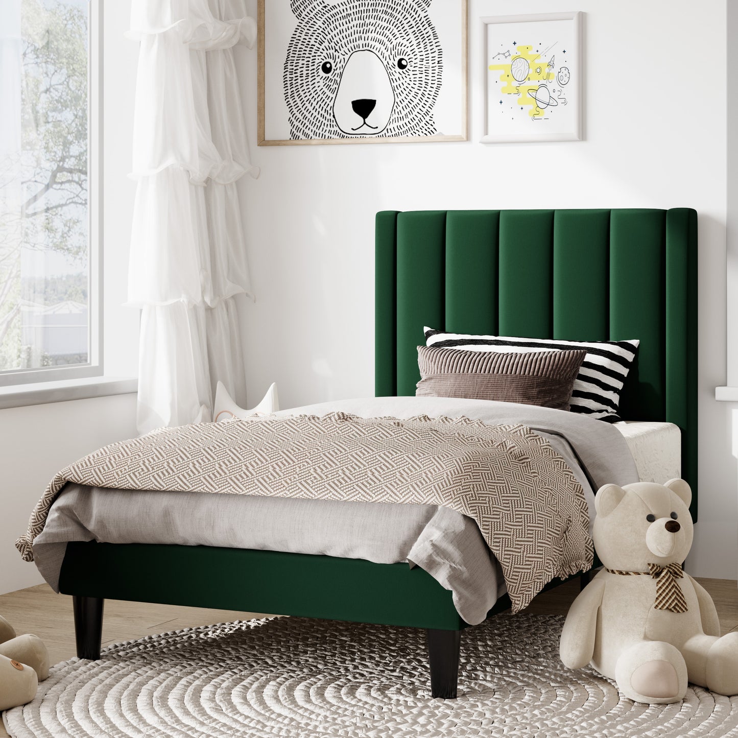 Amolife Twin Size Bed Frame with Velvet Channel Headboard