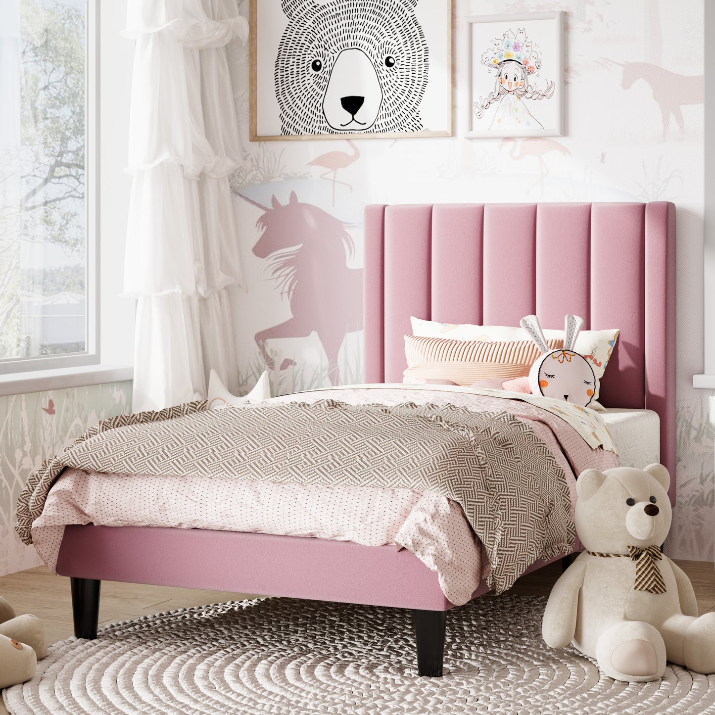 Amolife Twin Size Bed Frame with Velvet Channel Headboard