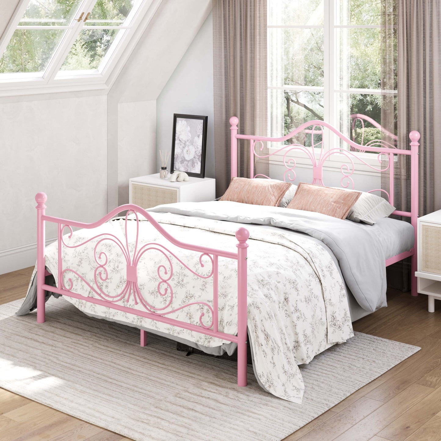 Amolife Metal Platform Bed Frame With Vintage Butterfly Pattern Headboard&Footboard