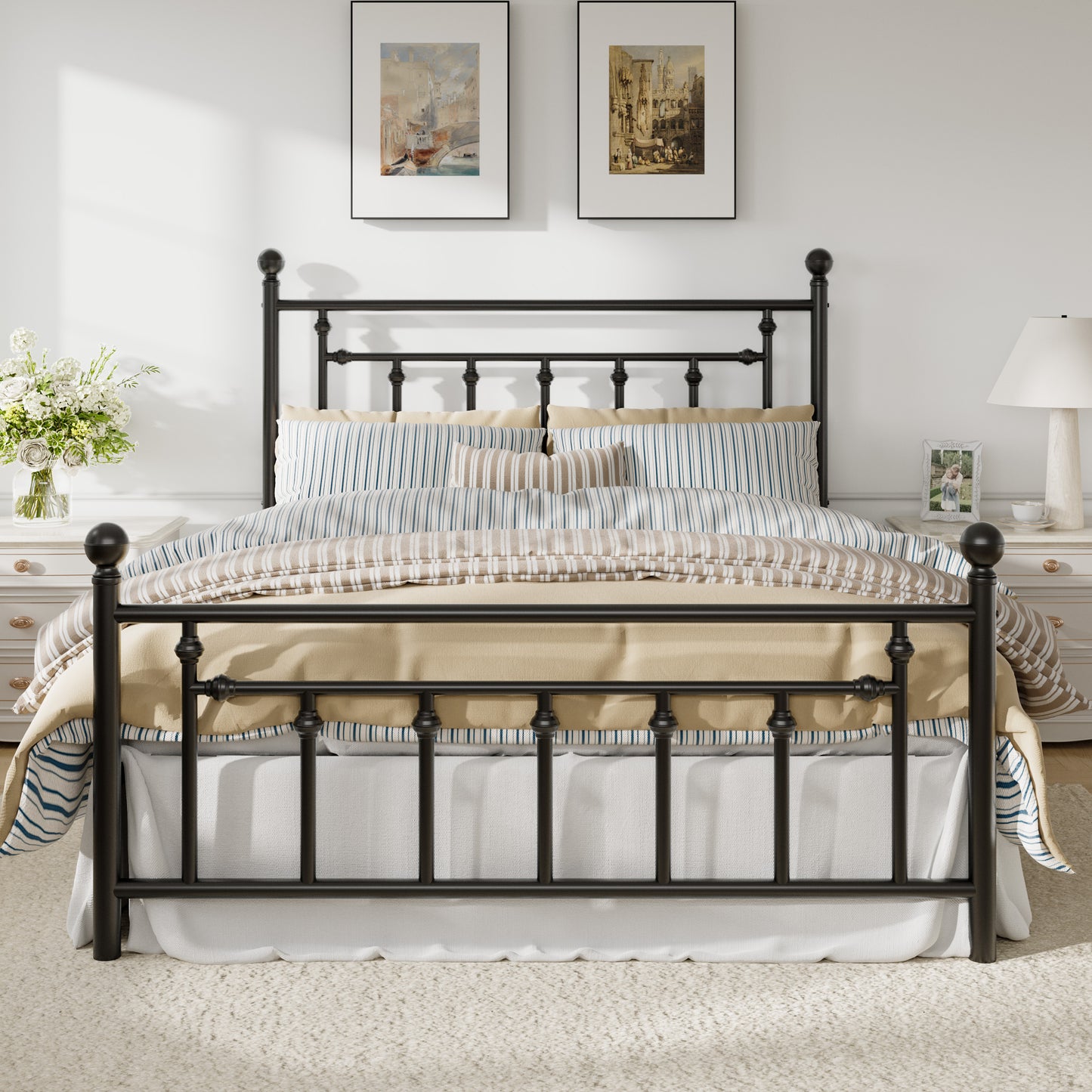 Amolife Metal Platform Bed Frame with Vintage Pattern Headboard