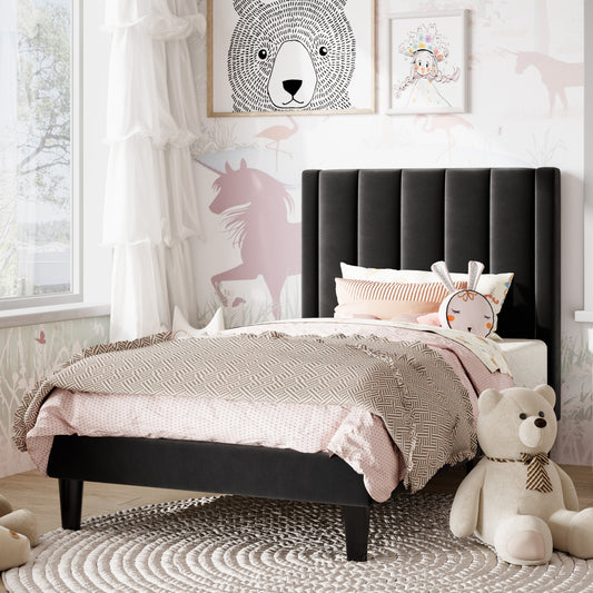 Amolife Twin Size Bed Frame with Velvet Channel Headboard