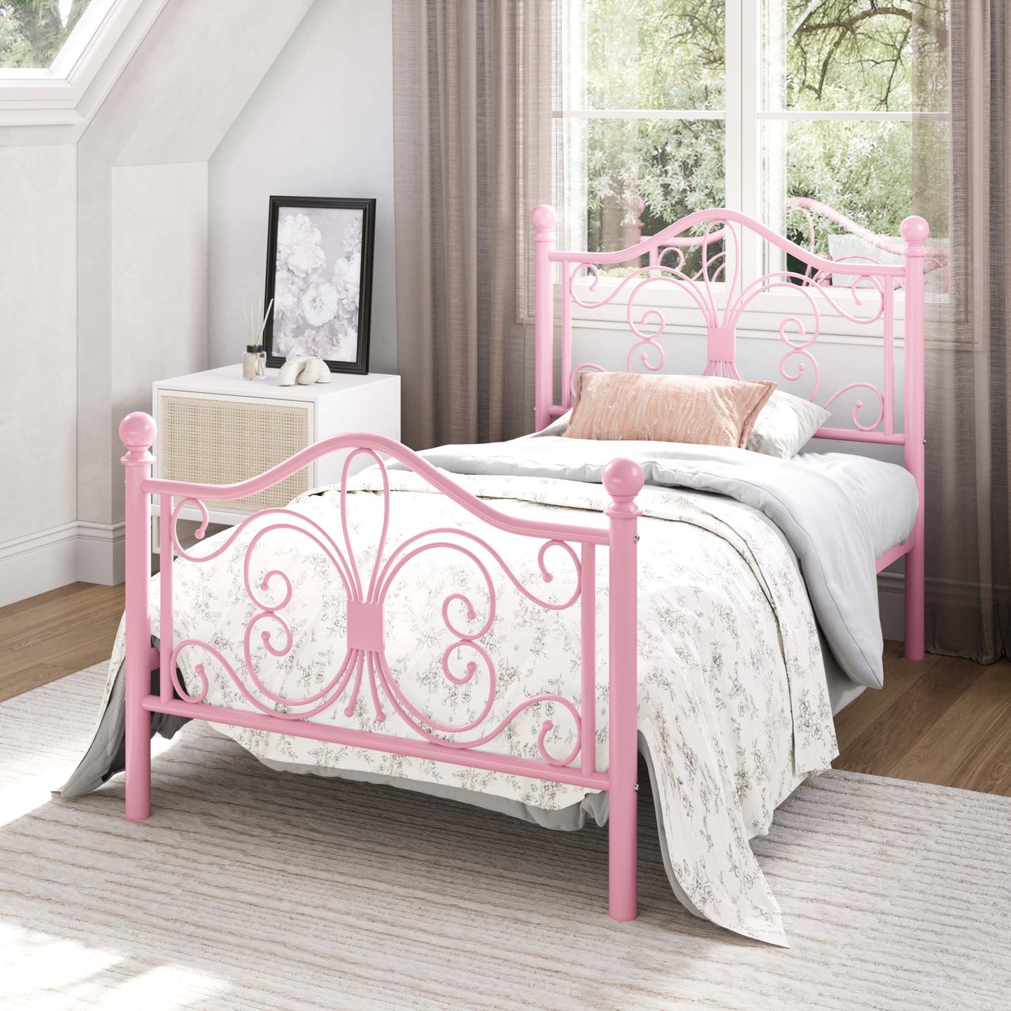 Amolife Metal Platform Bed Frame With Vintage Butterfly Pattern Headboard&Footboard