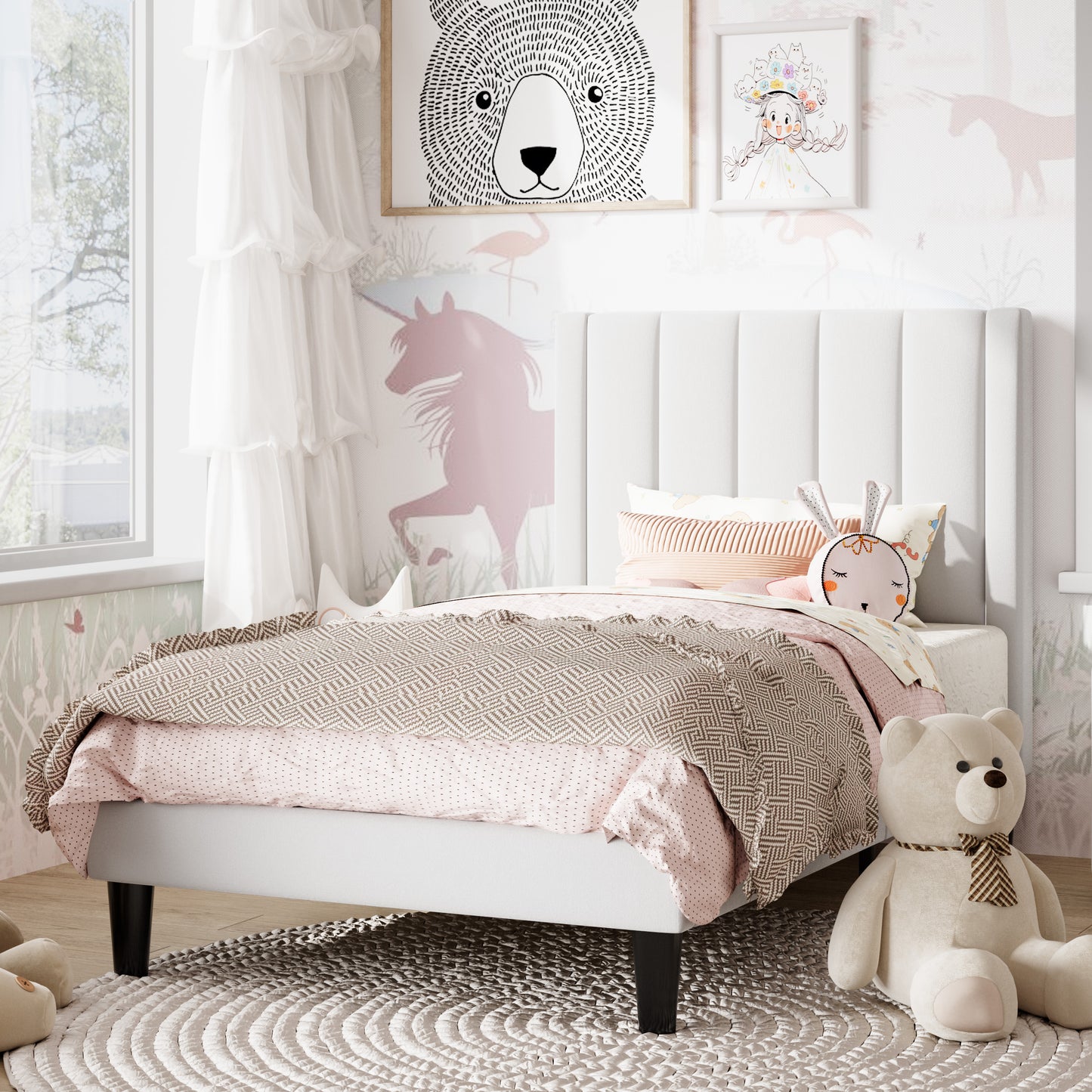 Amolife Twin Size Bed Frame with Velvet Channel Headboard