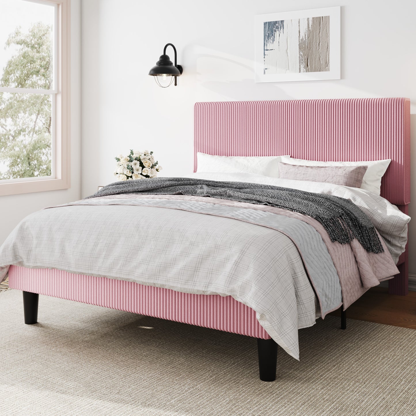Amolife Platform Bed Frame with Corduroy Fabric Upholstered Adjustable Height Headboard