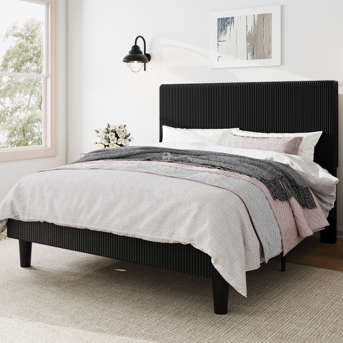 Amolife Platform Bed Frame with Corduroy Fabric Upholstered Adjustable Height Headboard