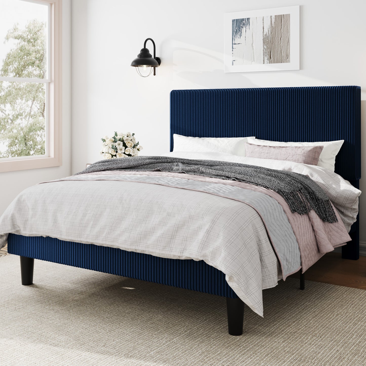 Amolife Platform Bed Frame with Corduroy Fabric Upholstered Adjustable Height Headboard